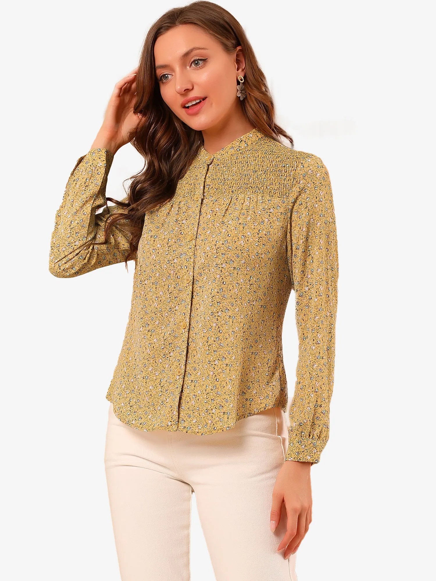 Ditsy Floral Mock Neck Long Sleeve Smocked Chiffon Peasant Blouse sold by Allegra K