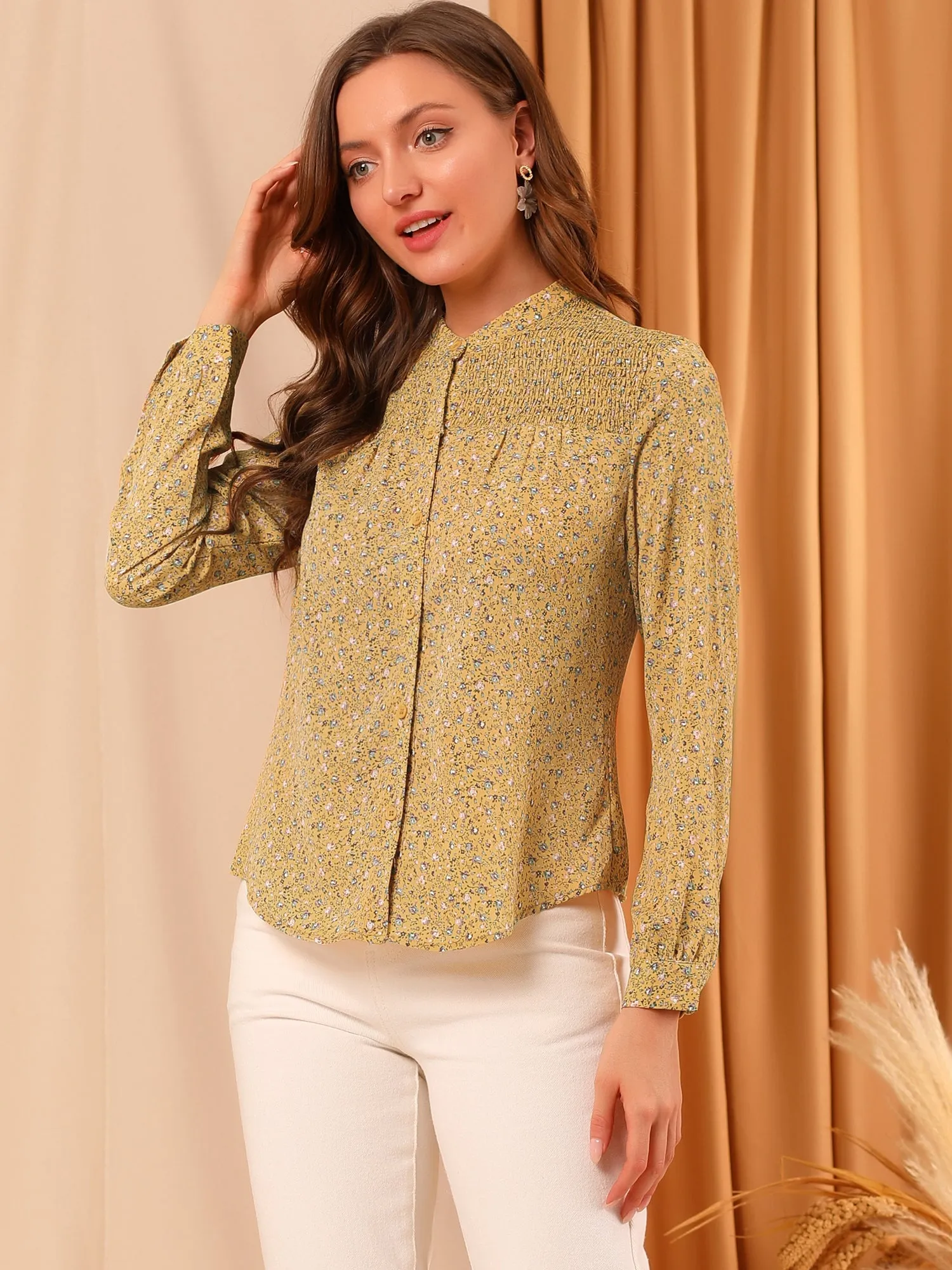 Ditsy Floral Mock Neck Long Sleeve Smocked Chiffon Peasant Blouse sold by Allegra K product image thumbnail 4