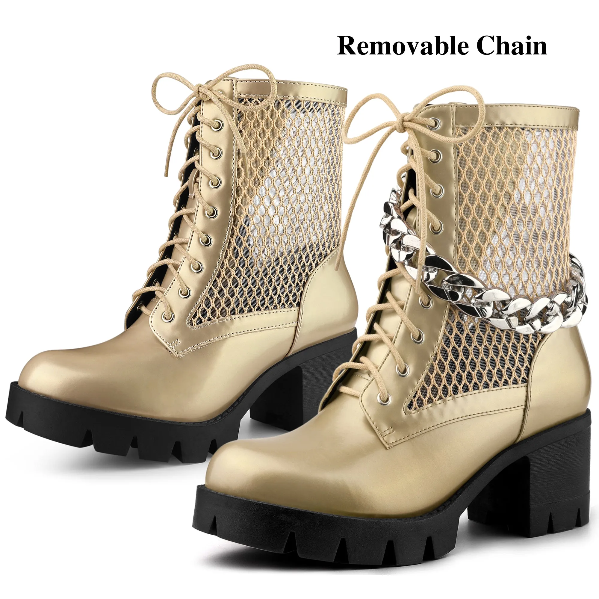 Platform Silver Chain Decor Chunky Heel Combat Boots sold by Allegra K product image thumbnail 3