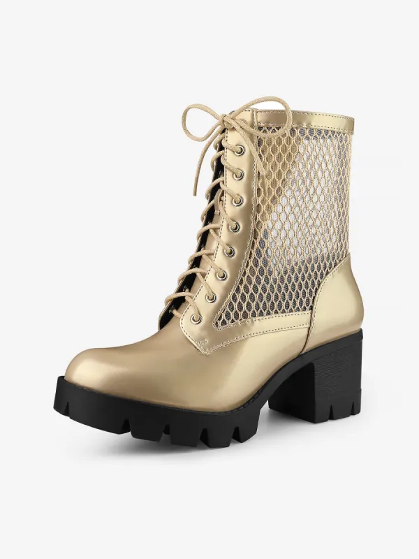 Platform Silver Chain Decor Chunky Heel Combat Boots sold by Allegra K