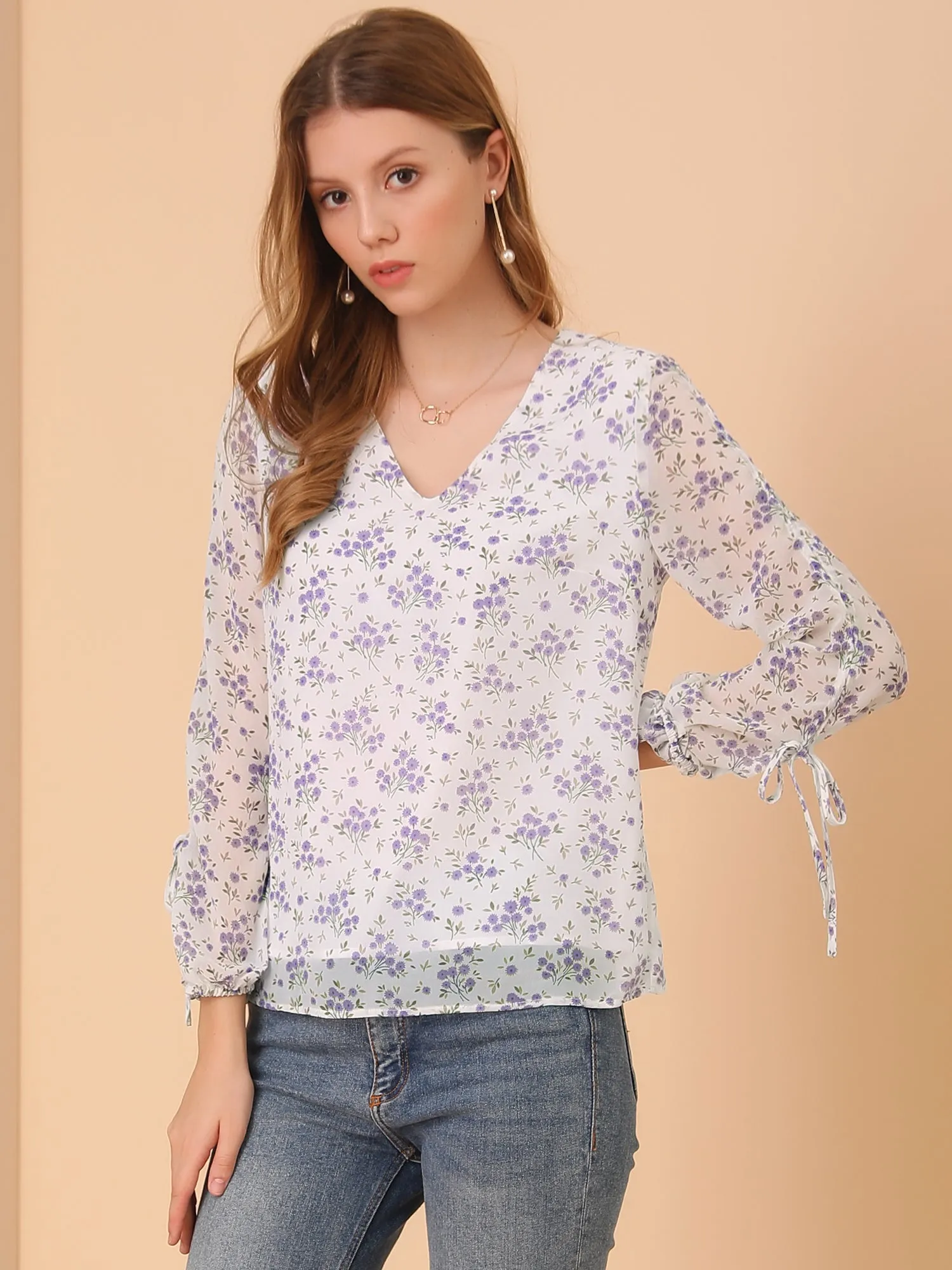 Floral Semi-Sheer V Neck Tie Cuff Tops Elegant Chiffon Blouse sold by Allegra K product image thumbnail 2