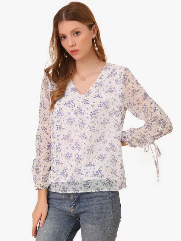 Floral Semi-Sheer V Neck Tie Cuff Tops Elegant Chiffon Blouse sold by Allegra K