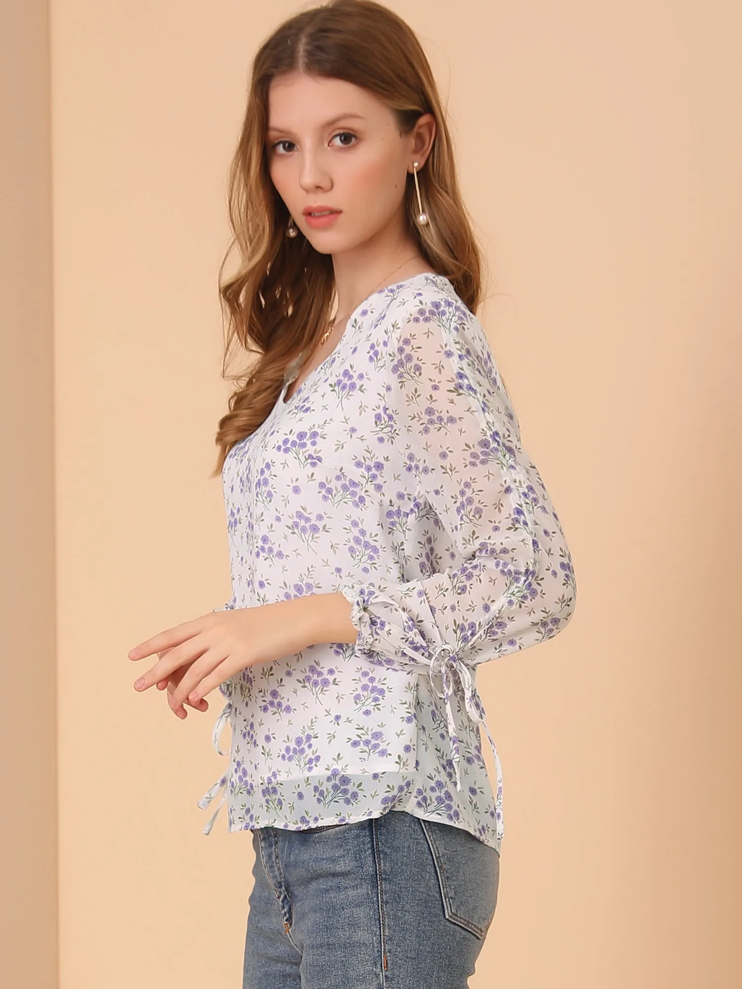 Floral Semi-Sheer V Neck Tie Cuff Tops Elegant Chiffon Blouse sold by Allegra K product image thumbnail 4