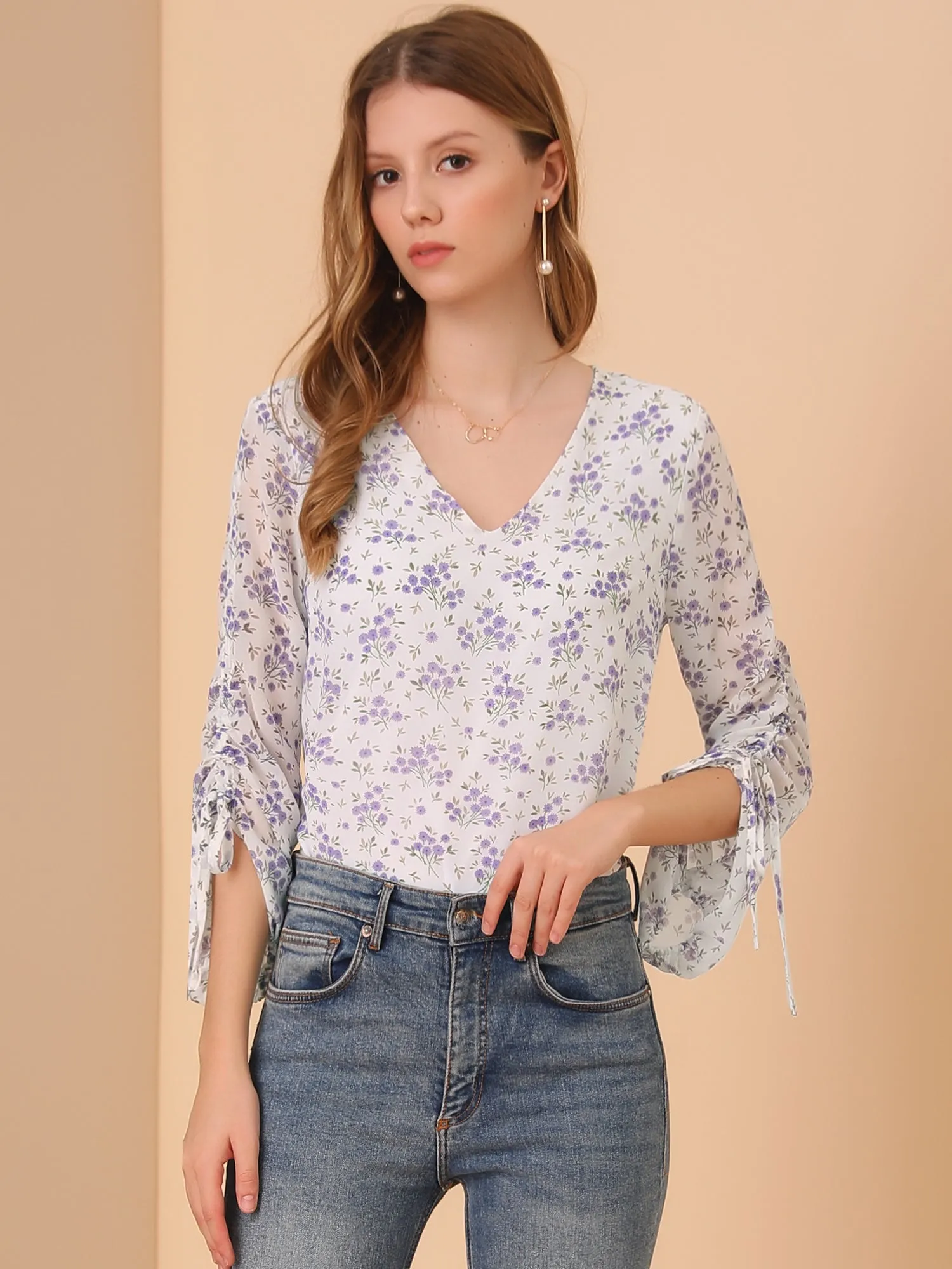 Floral Semi-Sheer V Neck Tie Cuff Tops Elegant Chiffon Blouse sold by Allegra K product image thumbnail 3