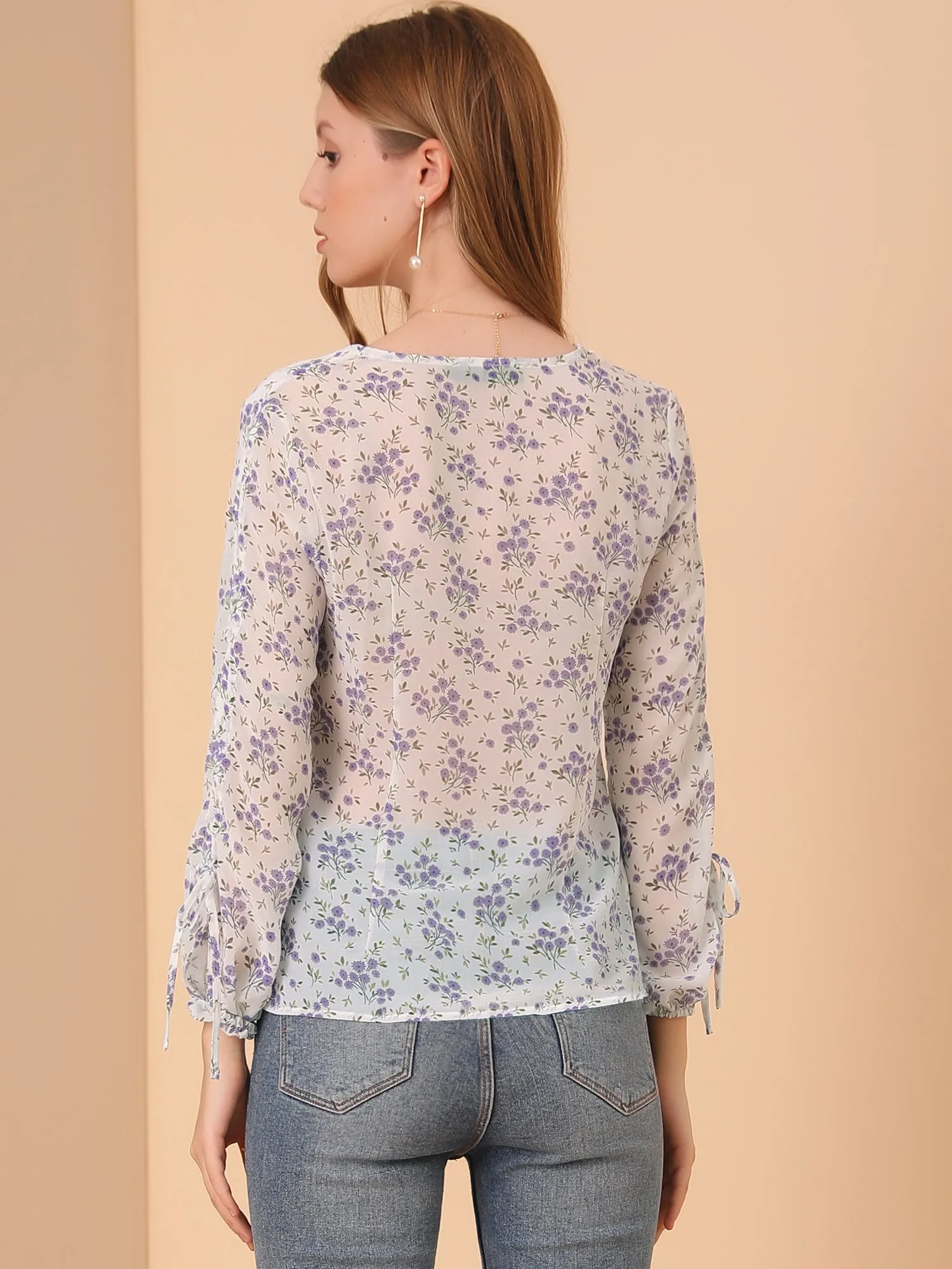 Floral Semi-Sheer V Neck Tie Cuff Tops Elegant Chiffon Blouse sold by Allegra K product image thumbnail 5