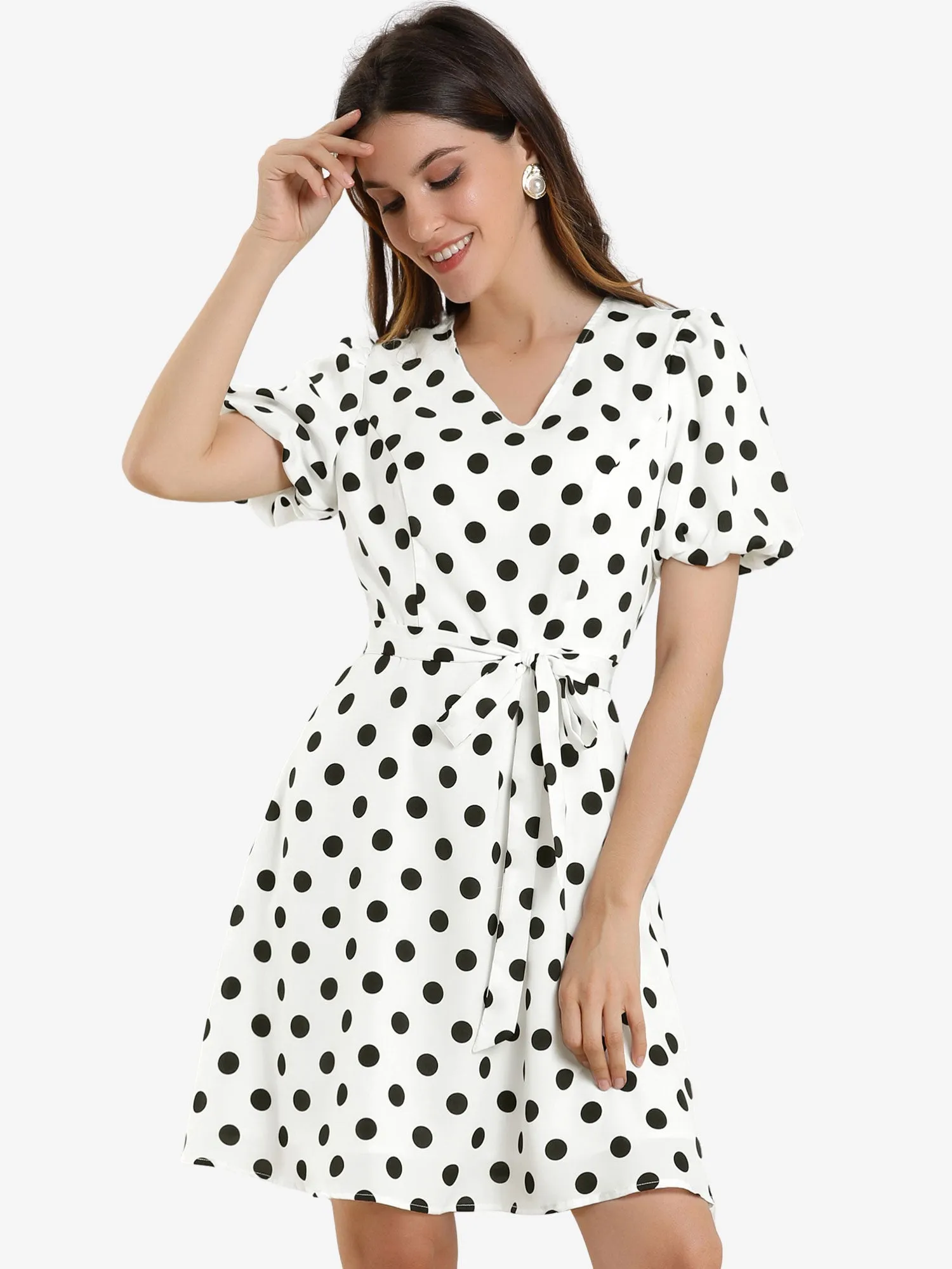 Polka Dot V Neck Puff Short Sleeve Vintage Belt Dress sold by Allegra K