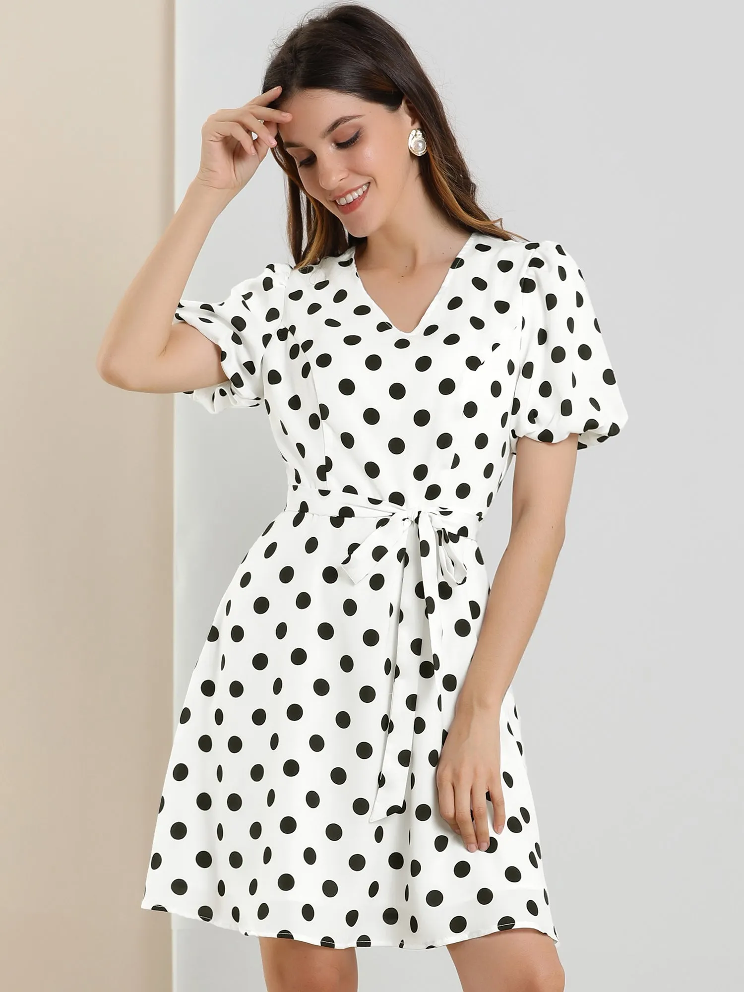 Polka Dot V Neck Puff Short Sleeve Vintage Belt Dress sold by Allegra K product image thumbnail 2