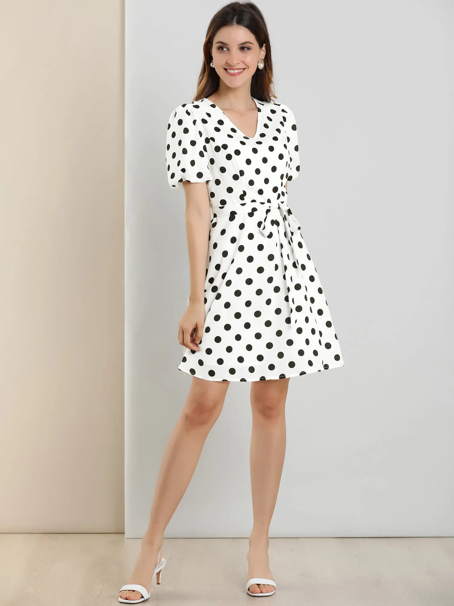 Polka Dot V Neck Puff Short Sleeve Vintage Belt Dress sold by Allegra K product image thumbnail 4