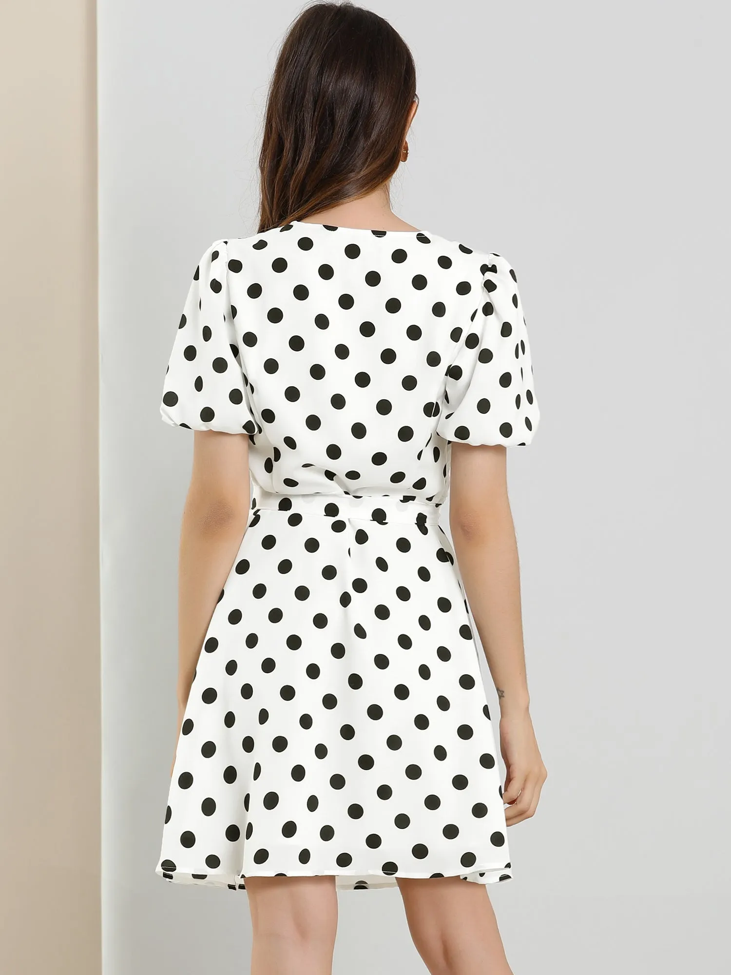 Polka Dot V Neck Puff Short Sleeve Vintage Belt Dress sold by Allegra K product image thumbnail 5
