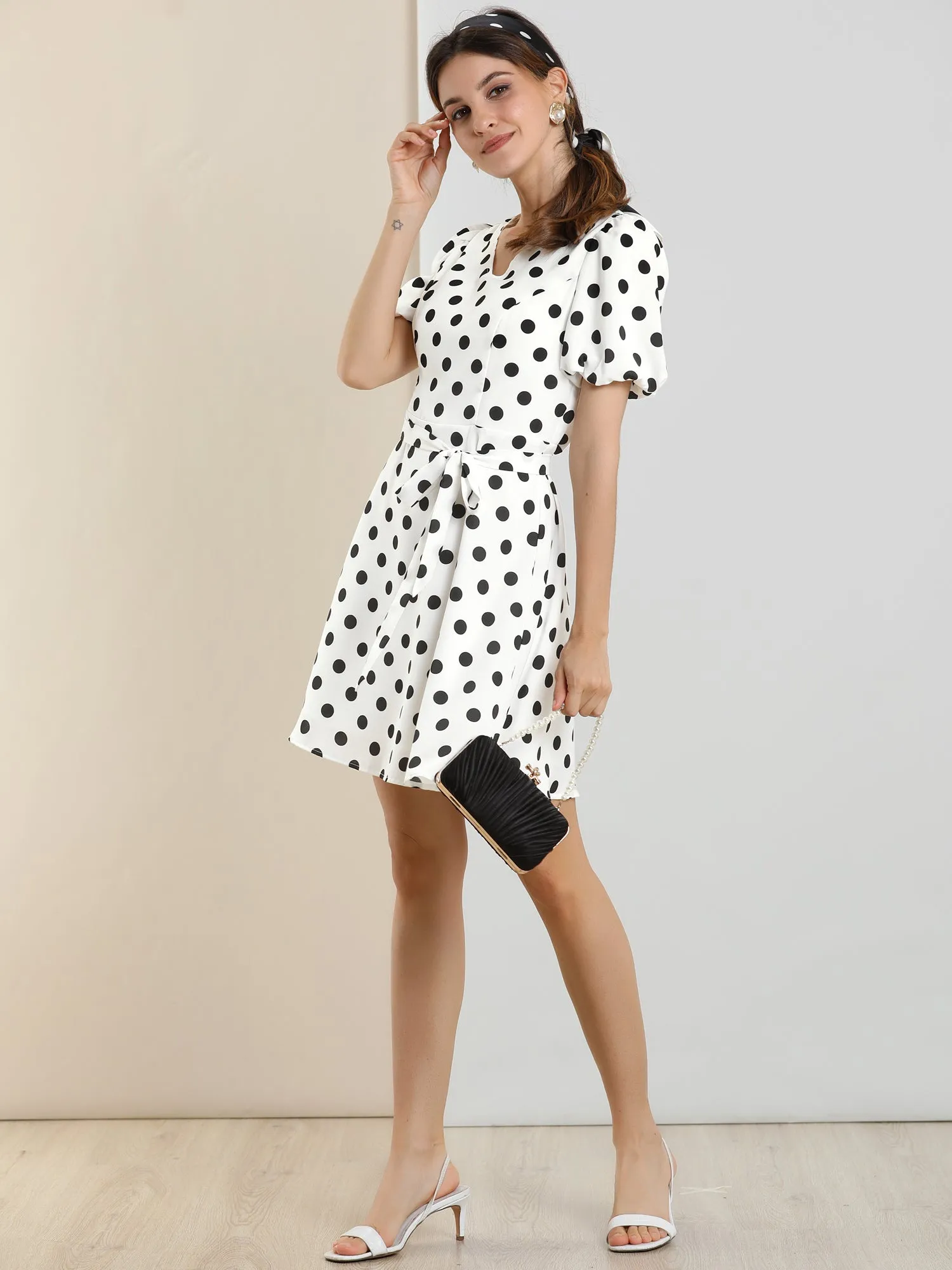 Polka Dot V Neck Puff Short Sleeve Vintage Belt Dress sold by Allegra K product image thumbnail 3