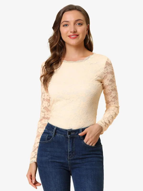 Crew Neck Sheer Long Sleeve Flower Embroidery Lace Blouse sold by Allegra K