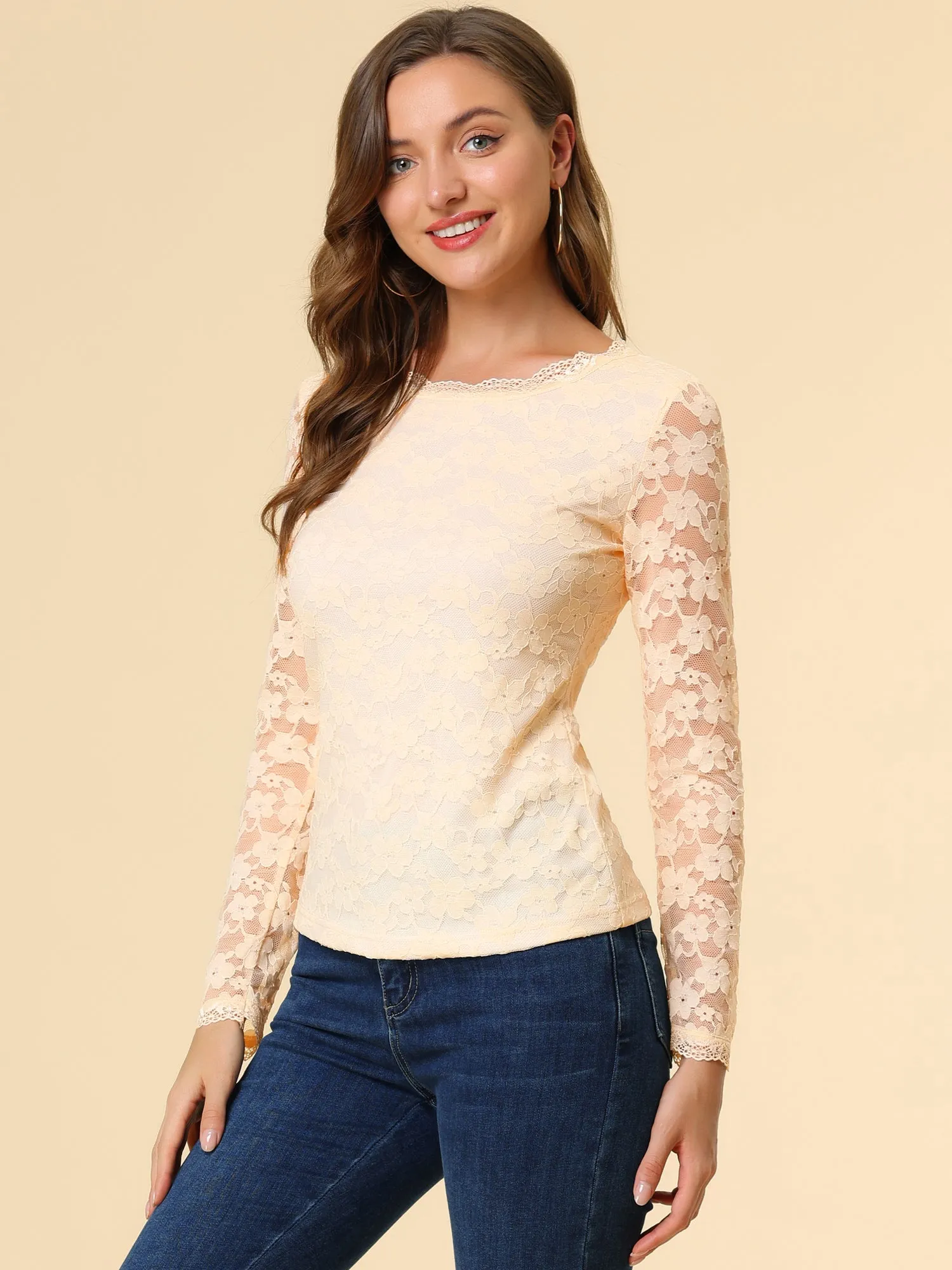 Crew Neck Sheer Long Sleeve Flower Embroidery Lace Blouse sold by Allegra K product image thumbnail 4