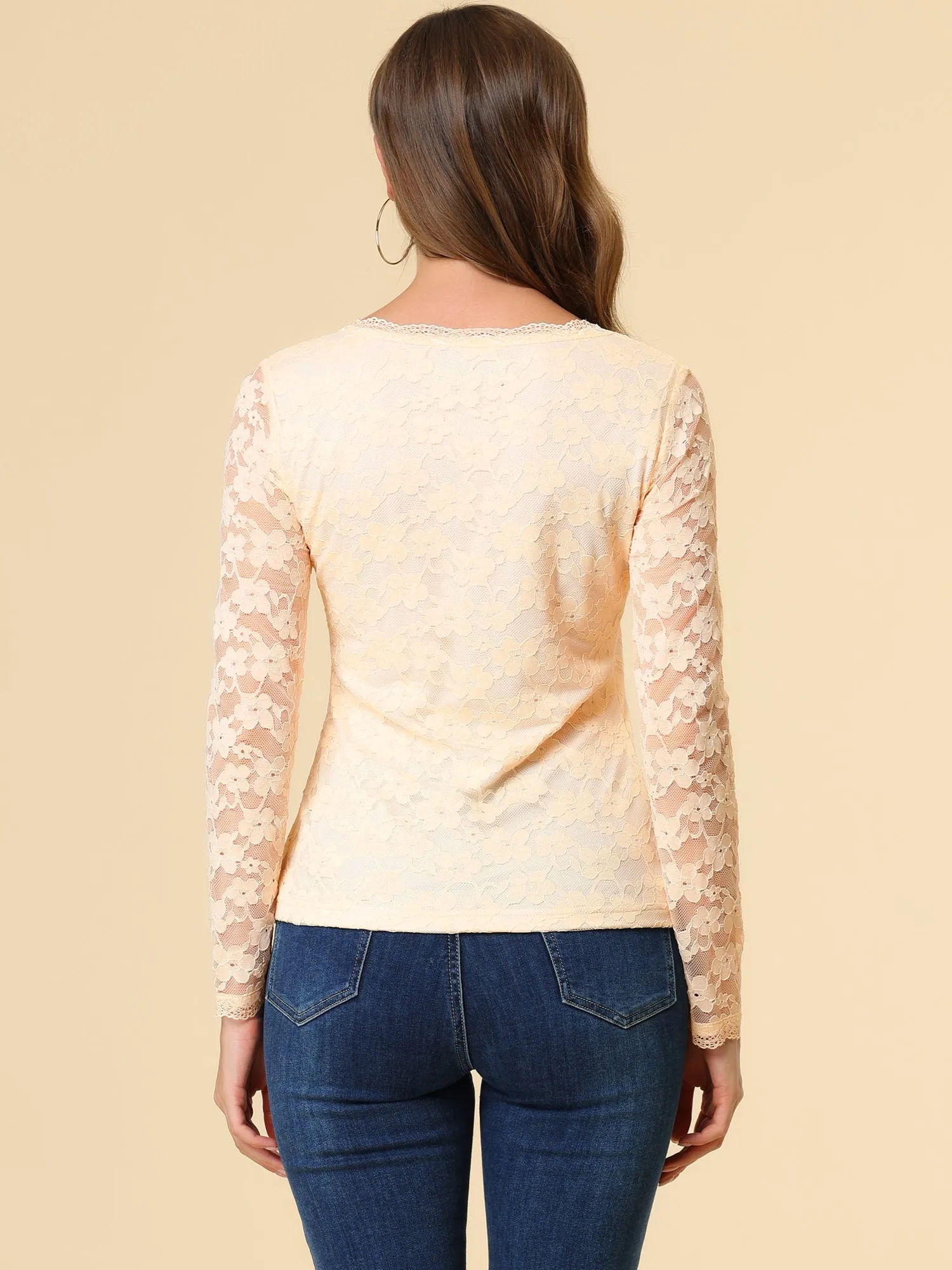 Crew Neck Sheer Long Sleeve Flower Embroidery Lace Blouse sold by Allegra K product image thumbnail 5