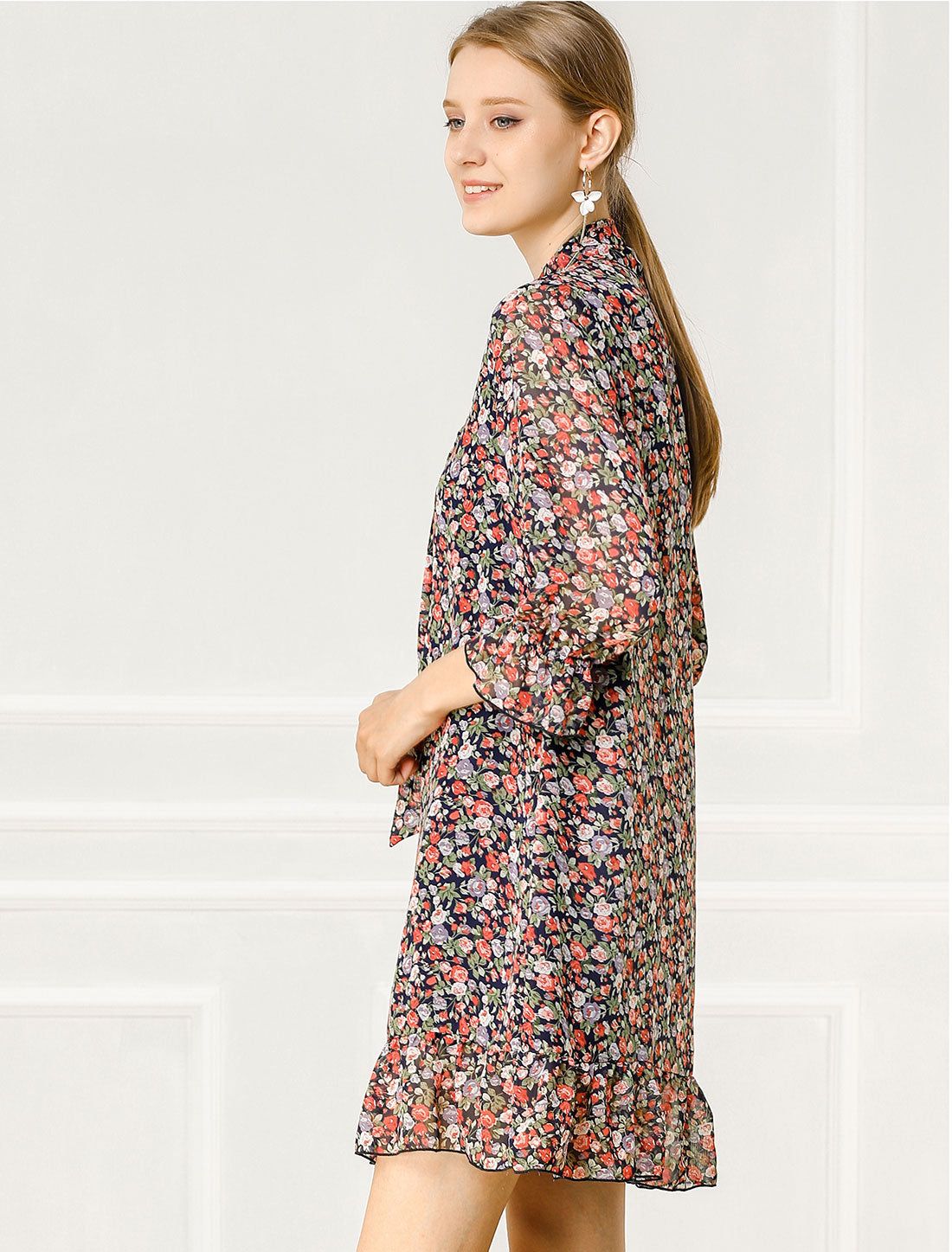 Floral Print Ruffle Hem Bell Sleeve Chiffon Loose Shift Dress sold by Allegra K product image thumbnail 3