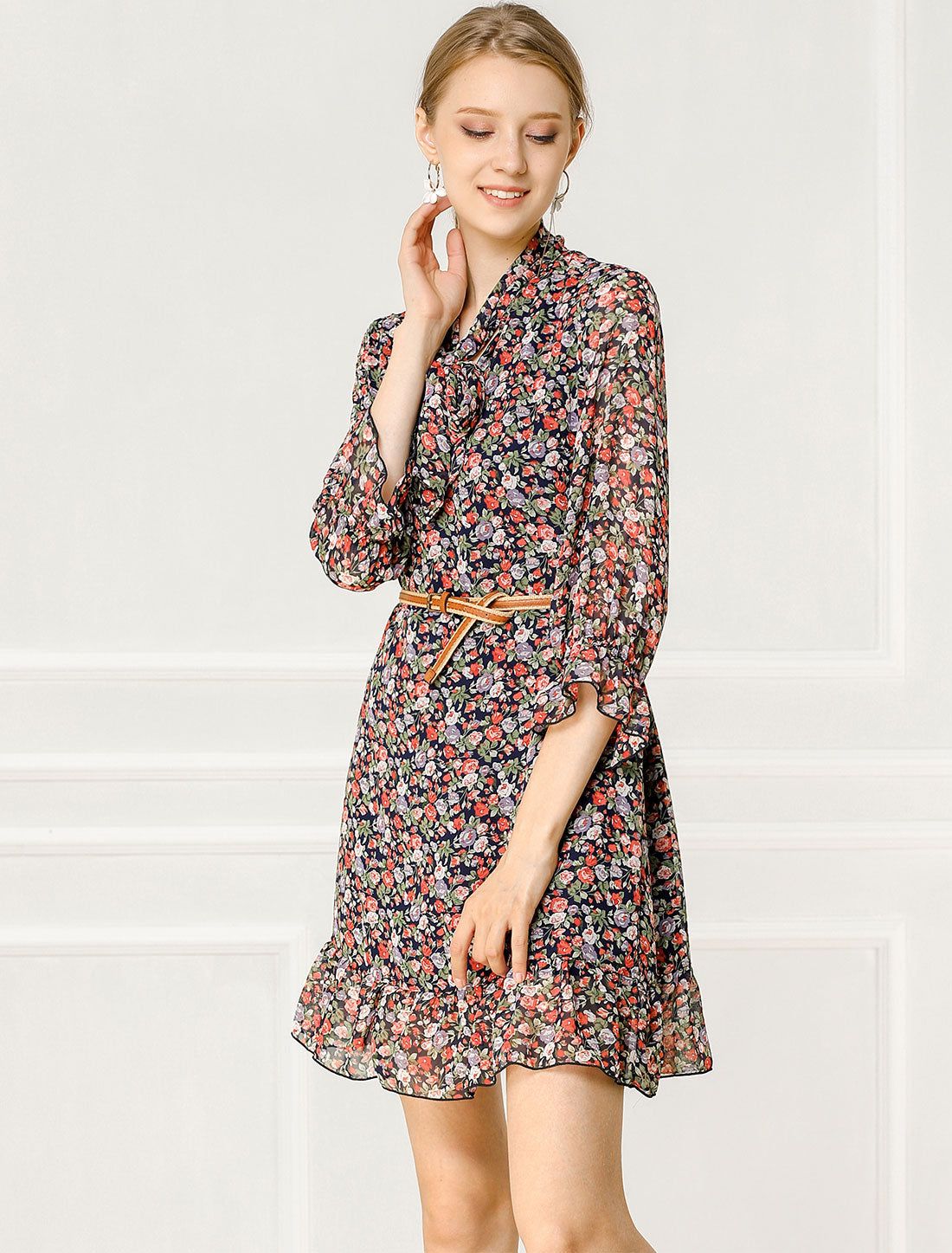 Floral Print Ruffle Hem Bell Sleeve Chiffon Loose Shift Dress sold by Allegra K product image thumbnail 2