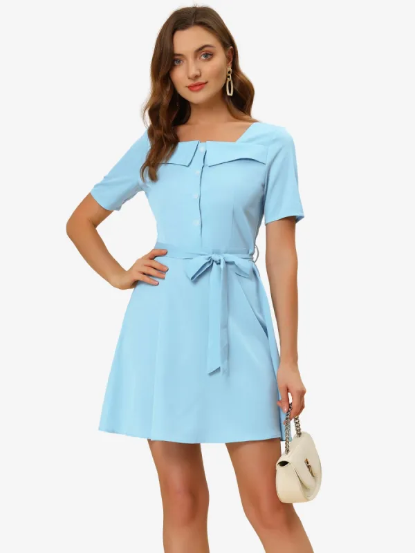 Square Neck Tie Waist A-Line Button Down Shirt Dress sold by Allegra K