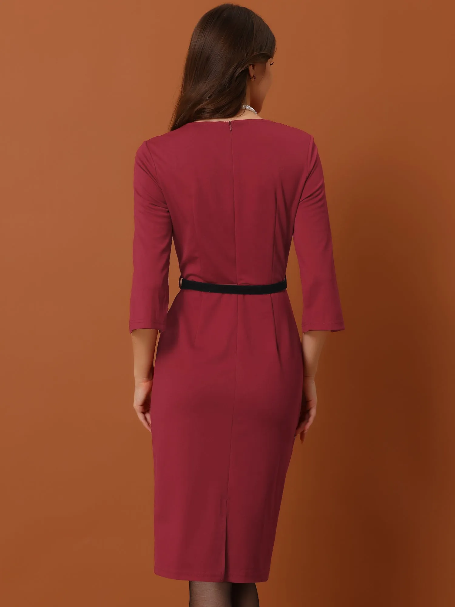 Elegant 3/4 Sleeve Split Cuff Business Office Bodycon Belt Dress sold by Allegra K product image thumbnail 3