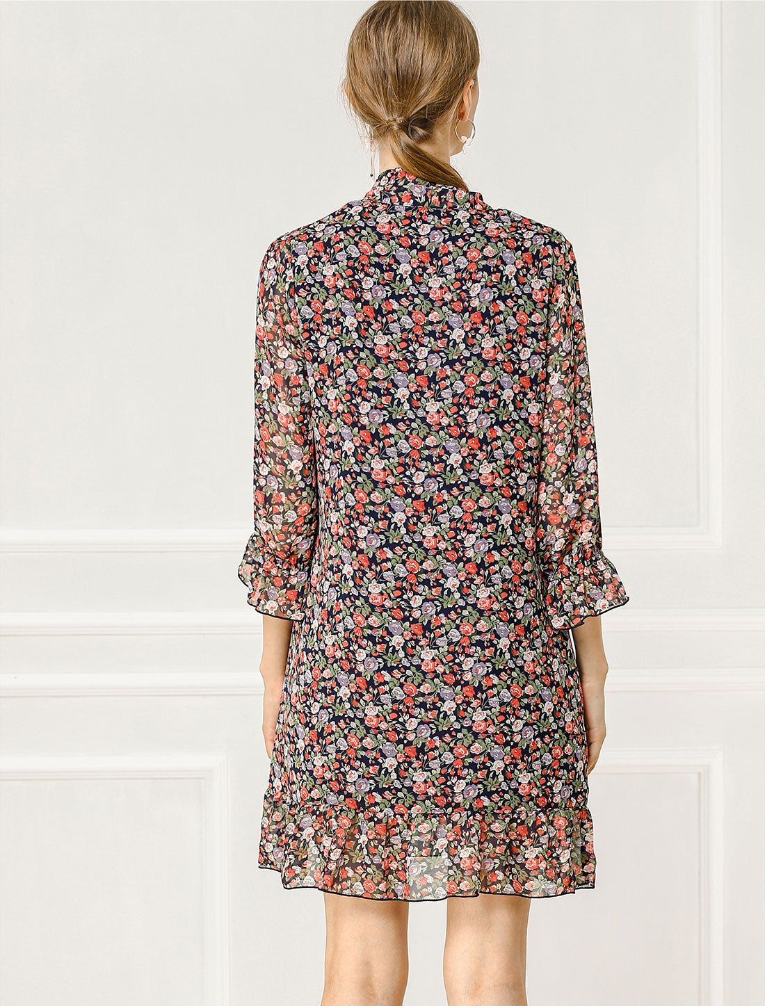 Floral Print Ruffle Hem Bell Sleeve Chiffon Loose Shift Dress sold by Allegra K product image thumbnail 4