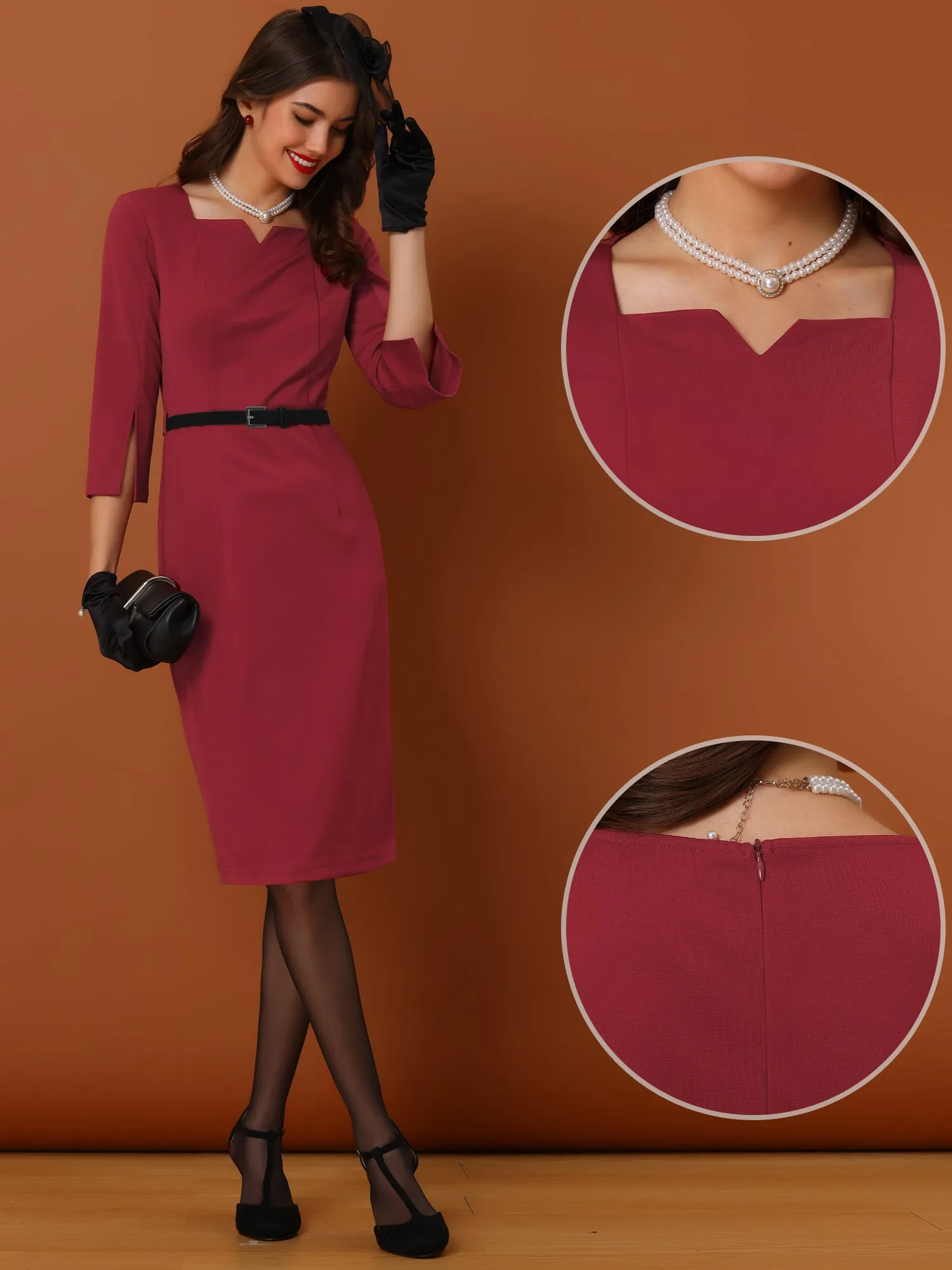 Elegant 3/4 Sleeve Split Cuff Business Office Bodycon Belt Dress sold by Allegra K product image thumbnail 2