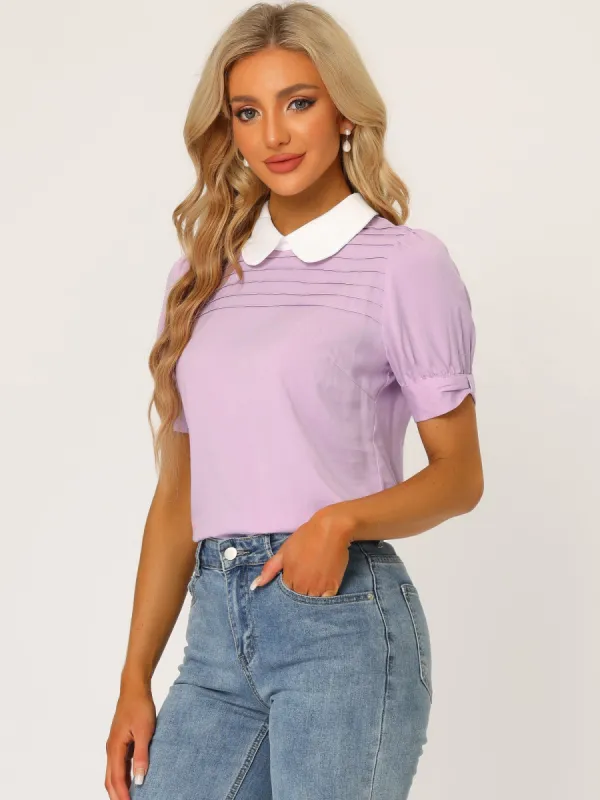 Pleated Contrast Peter Pan Collar Puff Short Sleeve Blouse sold by Allegra K