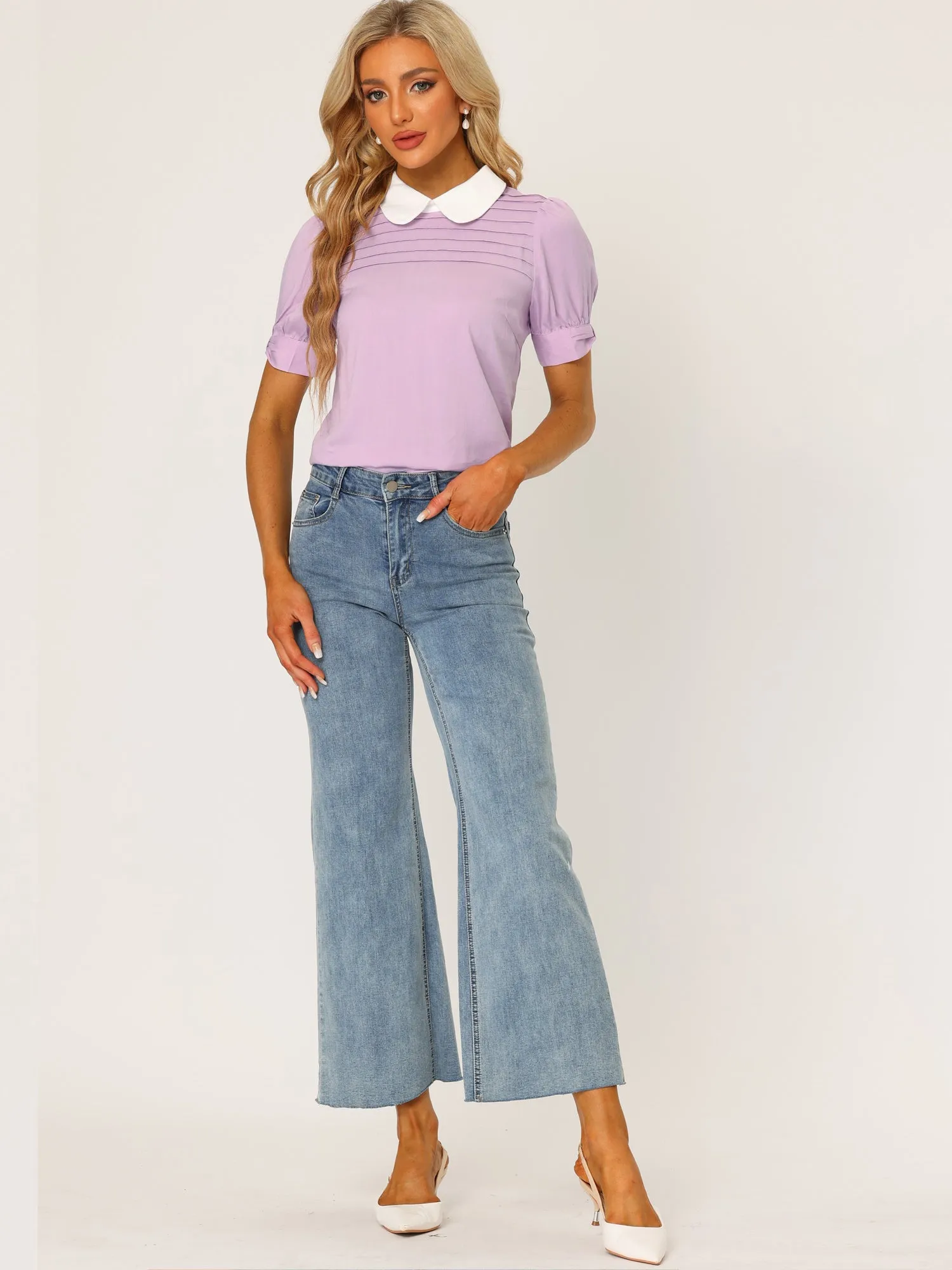 Pleated Contrast Peter Pan Collar Puff Short Sleeve Blouse sold by Allegra K product image thumbnail 2