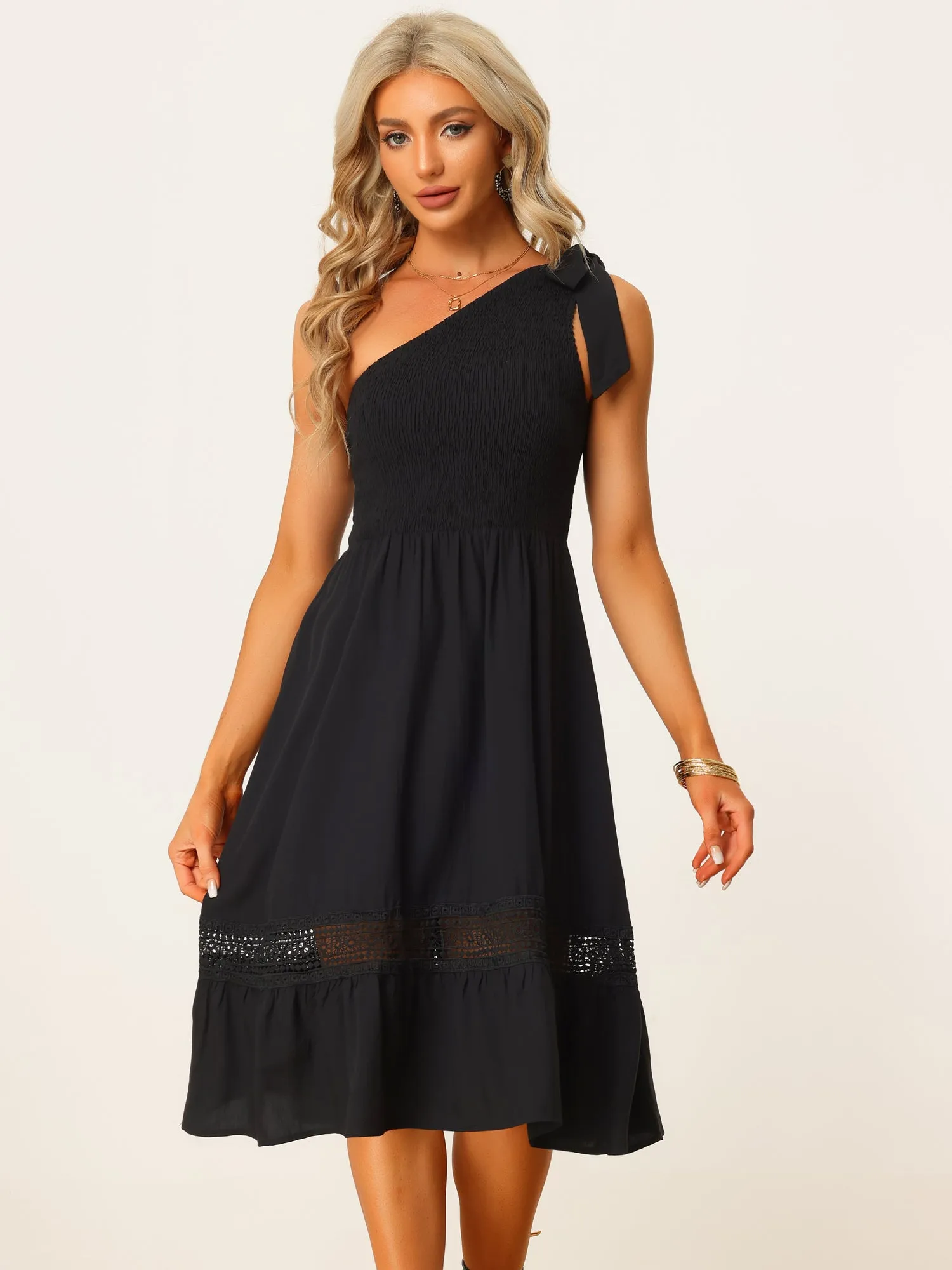 One Shoulder Sleeveless Tie Knot High Waist Smocked Summer Dress Sundress sold by Allegra K