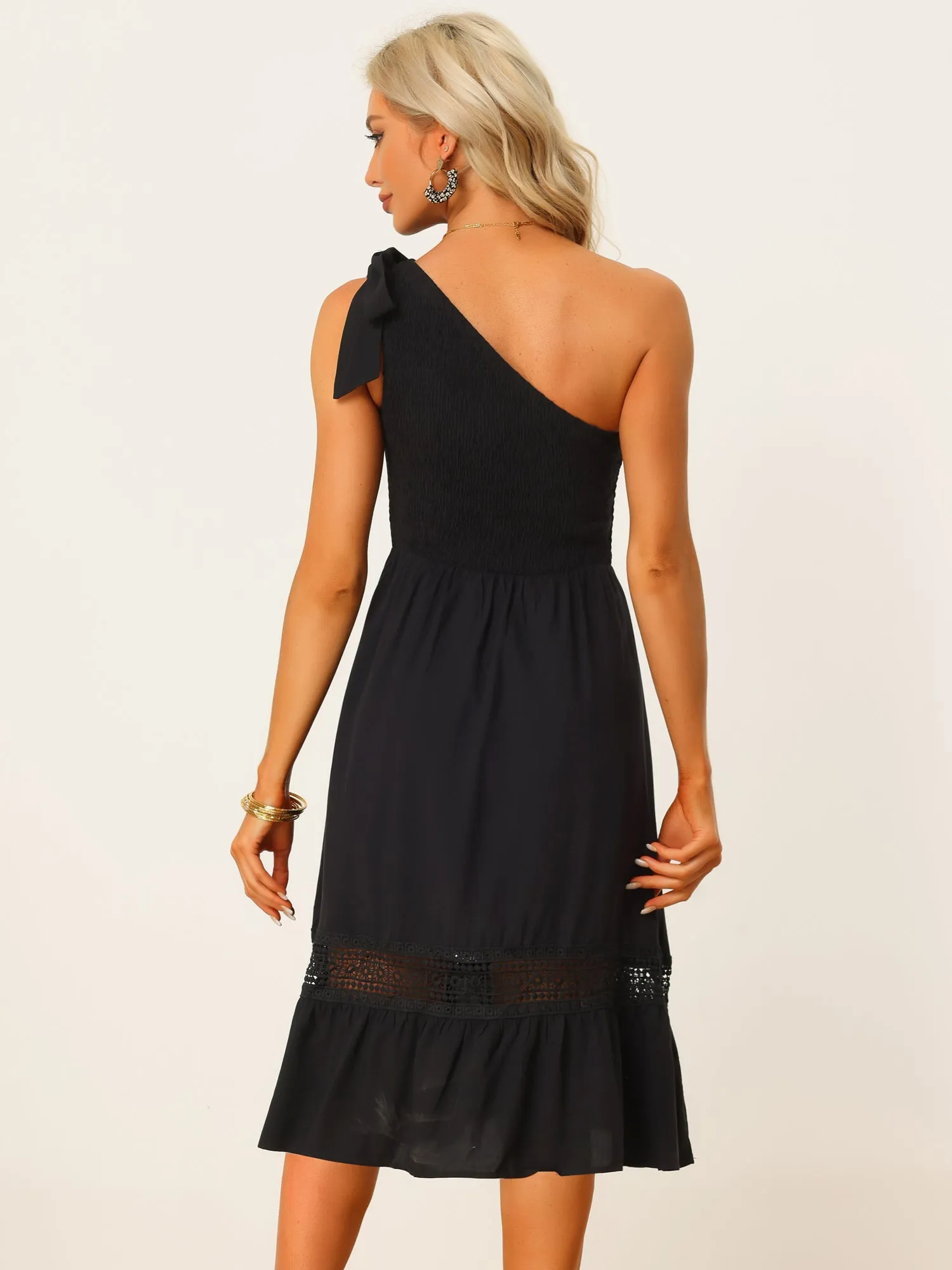 One Shoulder Sleeveless Tie Knot High Waist Smocked Summer Dress Sundress sold by Allegra K product image thumbnail 3