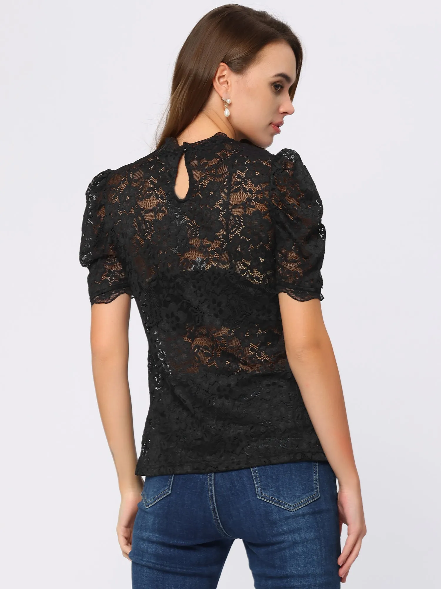 Blouse Mock Neck Puff Short Sleeve Embroidery Lace Tops sold by Allegra K product image thumbnail 3