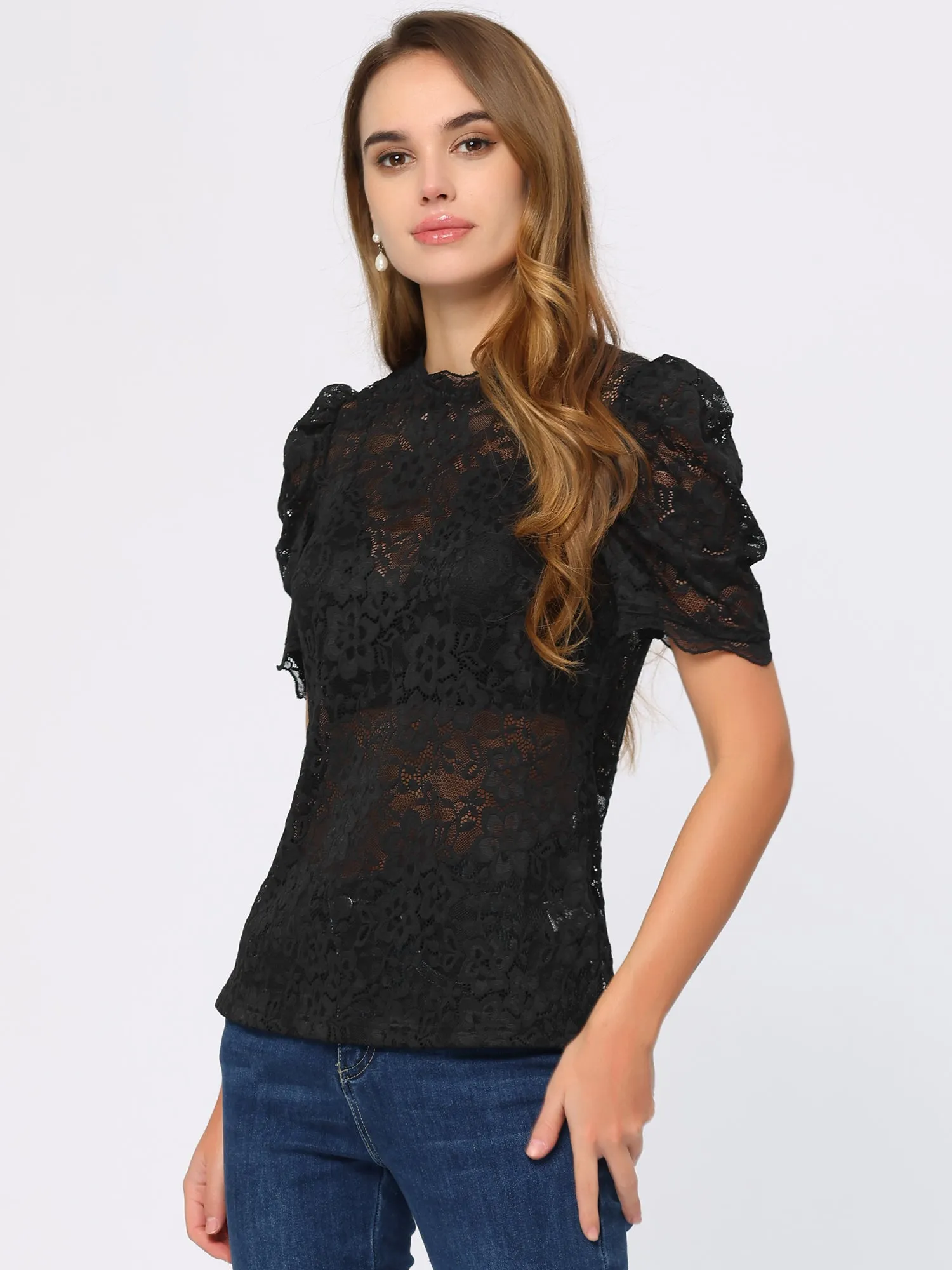 Blouse Mock Neck Puff Short Sleeve Embroidery Lace Tops sold by Allegra K product image thumbnail 4