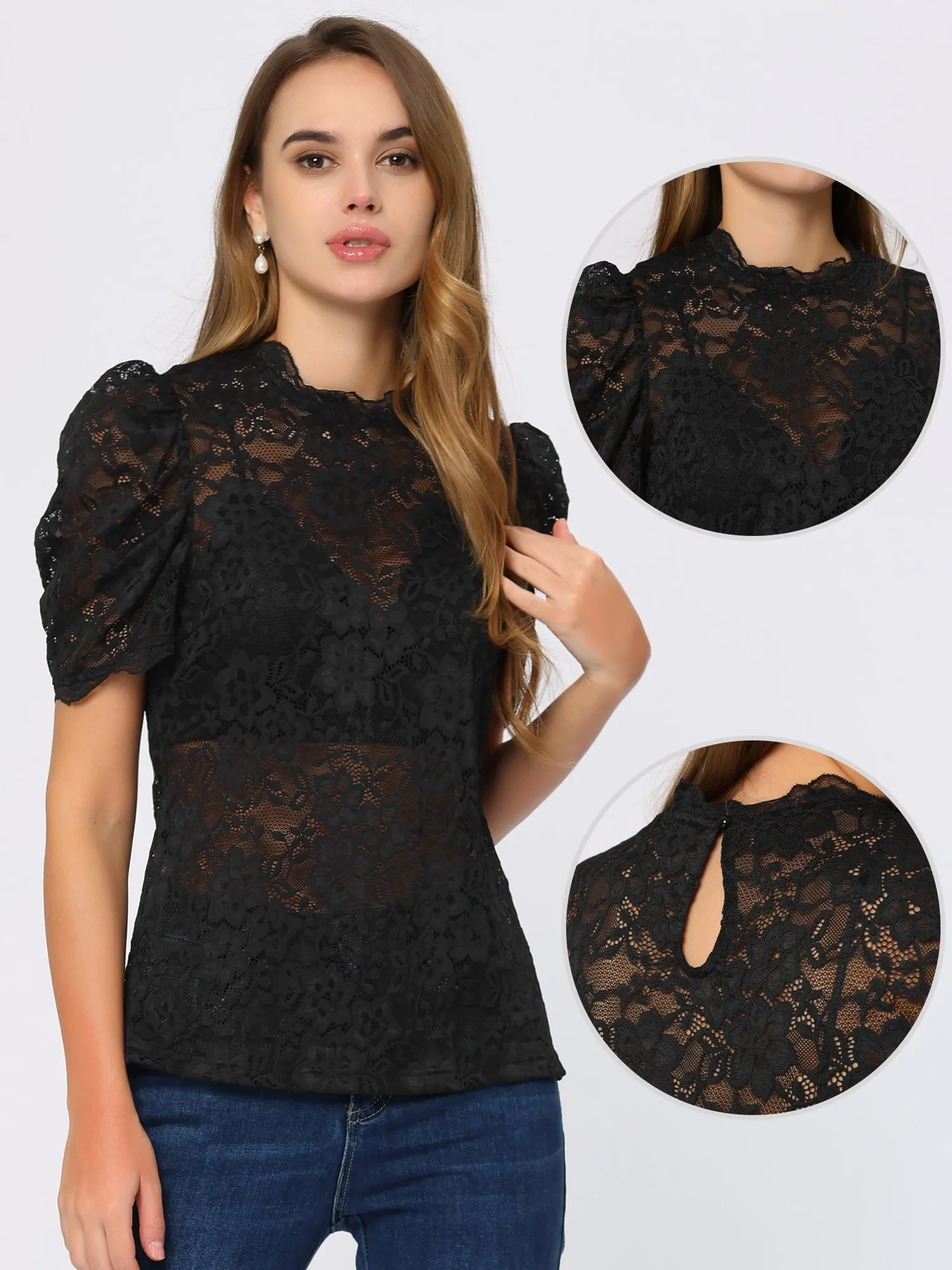 Blouse Mock Neck Puff Short Sleeve Embroidery Lace Tops sold by Allegra K product image thumbnail 2