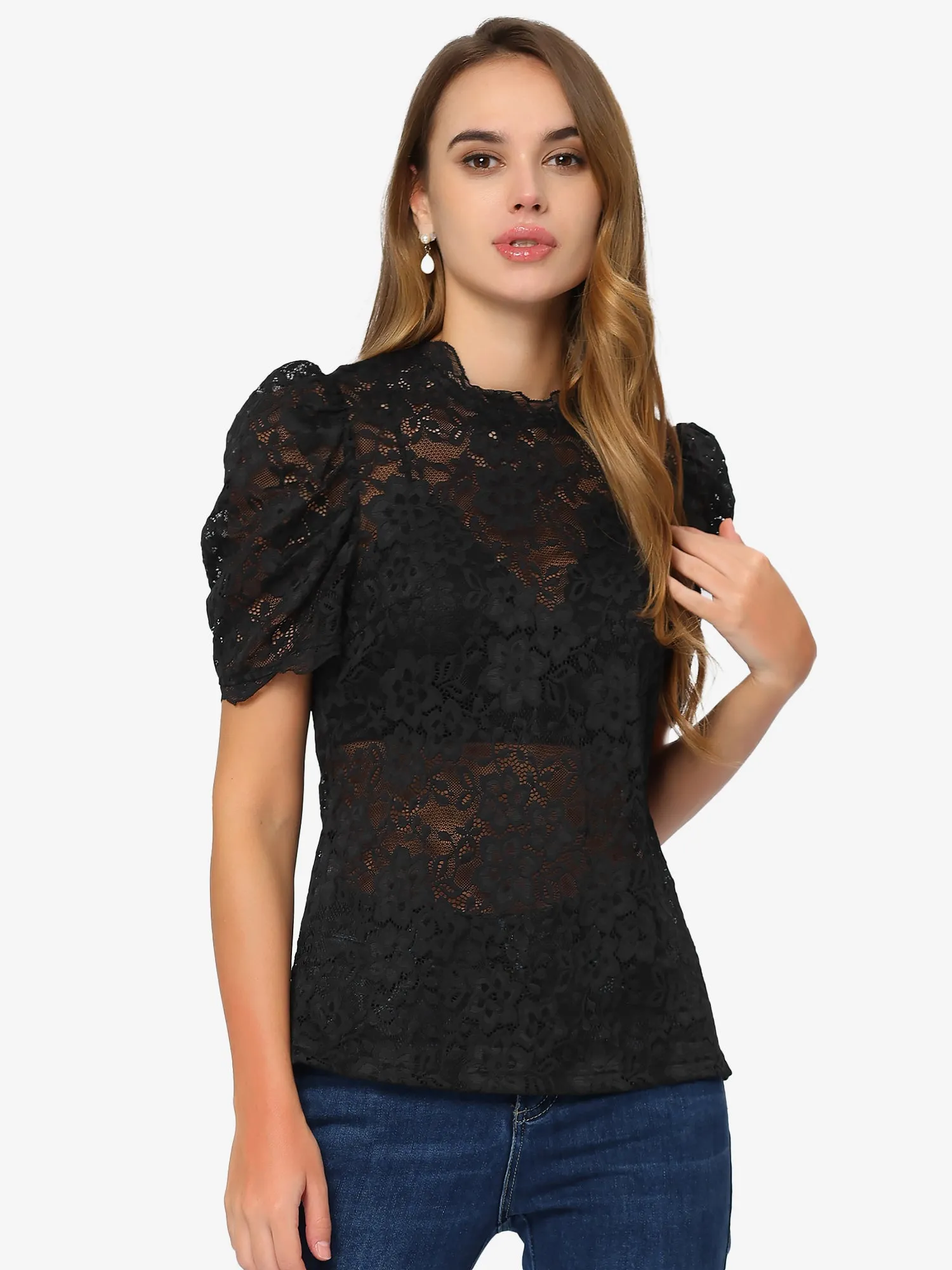 Blouse Mock Neck Puff Short Sleeve Embroidery Lace Tops sold by Allegra K