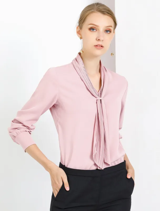 Long Sleeve Chiffon Pleated Tie Neck Office Blouse sold by Allegra K