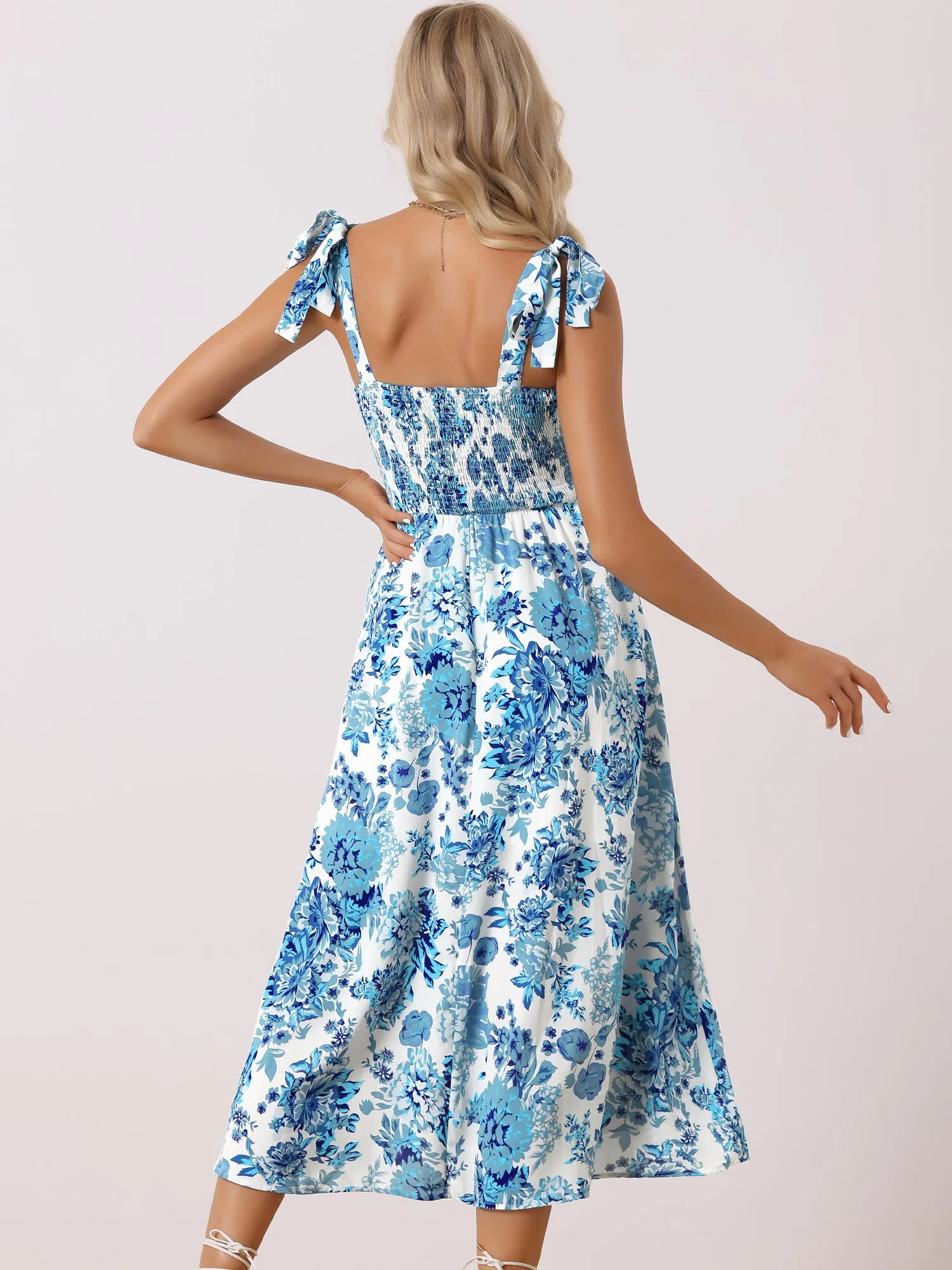 Tie Straps Sleeveless Smocked Floral Pockets Midi Dress Sundress sold by Allegra K product image thumbnail 3