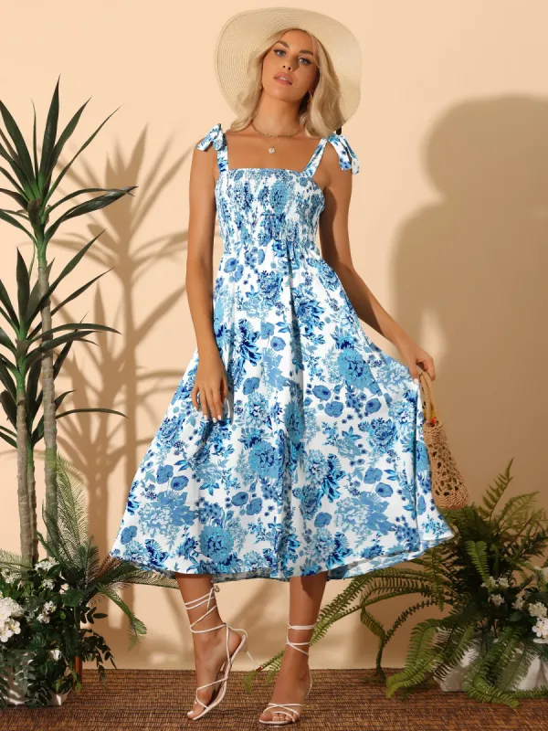 Tie Straps Sleeveless Smocked Floral Pockets Midi Dress Sundress sold by Allegra K