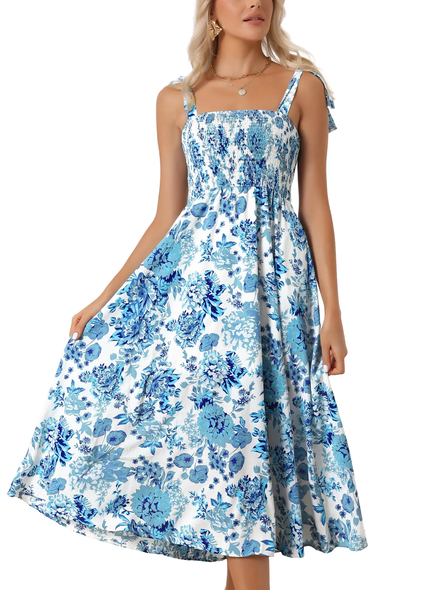 Tie Straps Sleeveless Smocked Floral Pockets Midi Dress Sundress sold by Allegra K product image thumbnail 5