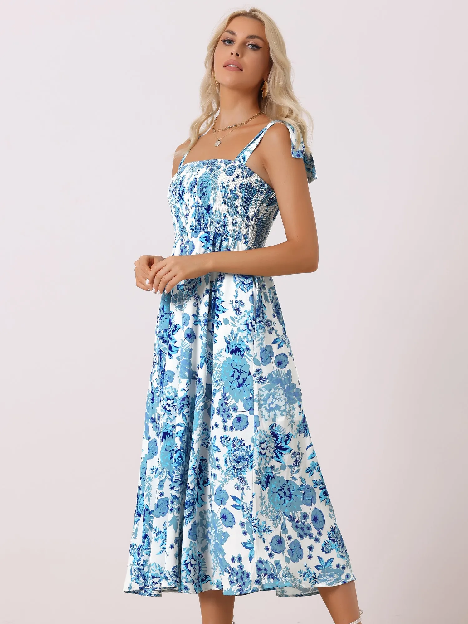 Tie Straps Sleeveless Smocked Floral Pockets Midi Dress Sundress sold by Allegra K product image thumbnail 2