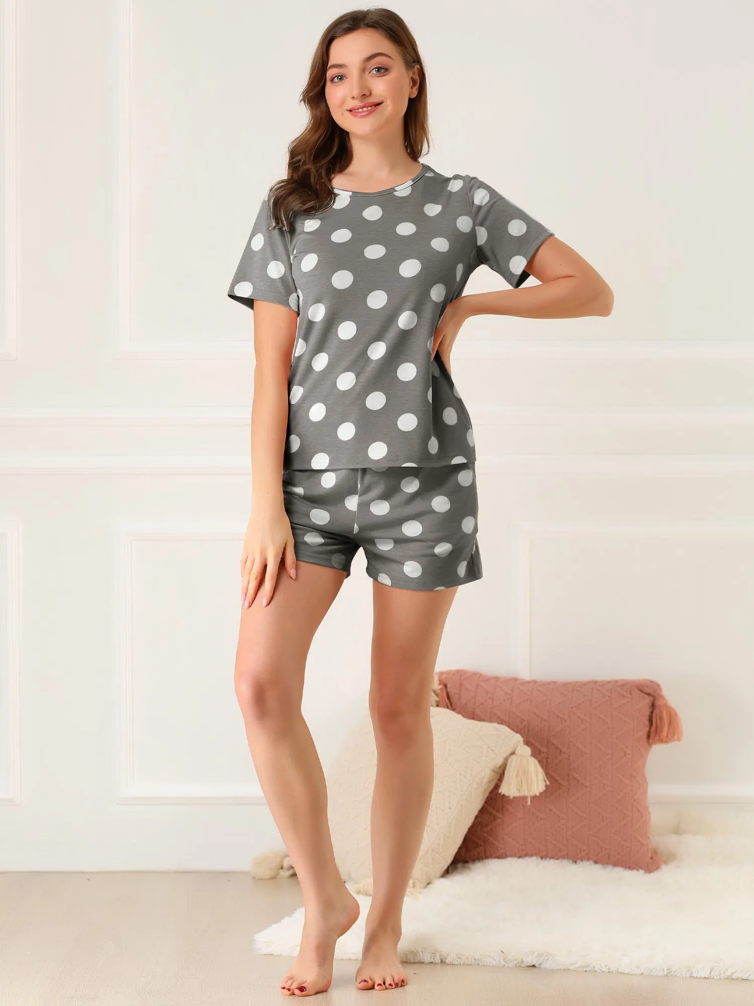Cute Round Neck Short Sleeve Pjs Sleepwear Polka Dots Pajama Set sold by Allegra K product image thumbnail 2