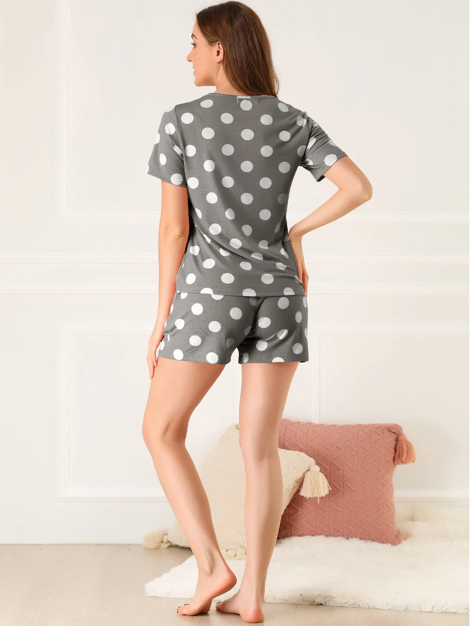 Cute Round Neck Short Sleeve Pjs Sleepwear Polka Dots Pajama Set sold by Allegra K product image thumbnail 4