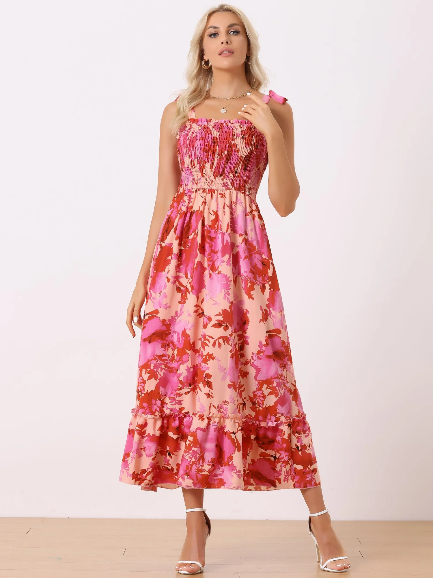 Tie Straps Sleeveless Smocked Square Neck Floral Maxi Dress Sundress sold by Allegra K product image thumbnail 2