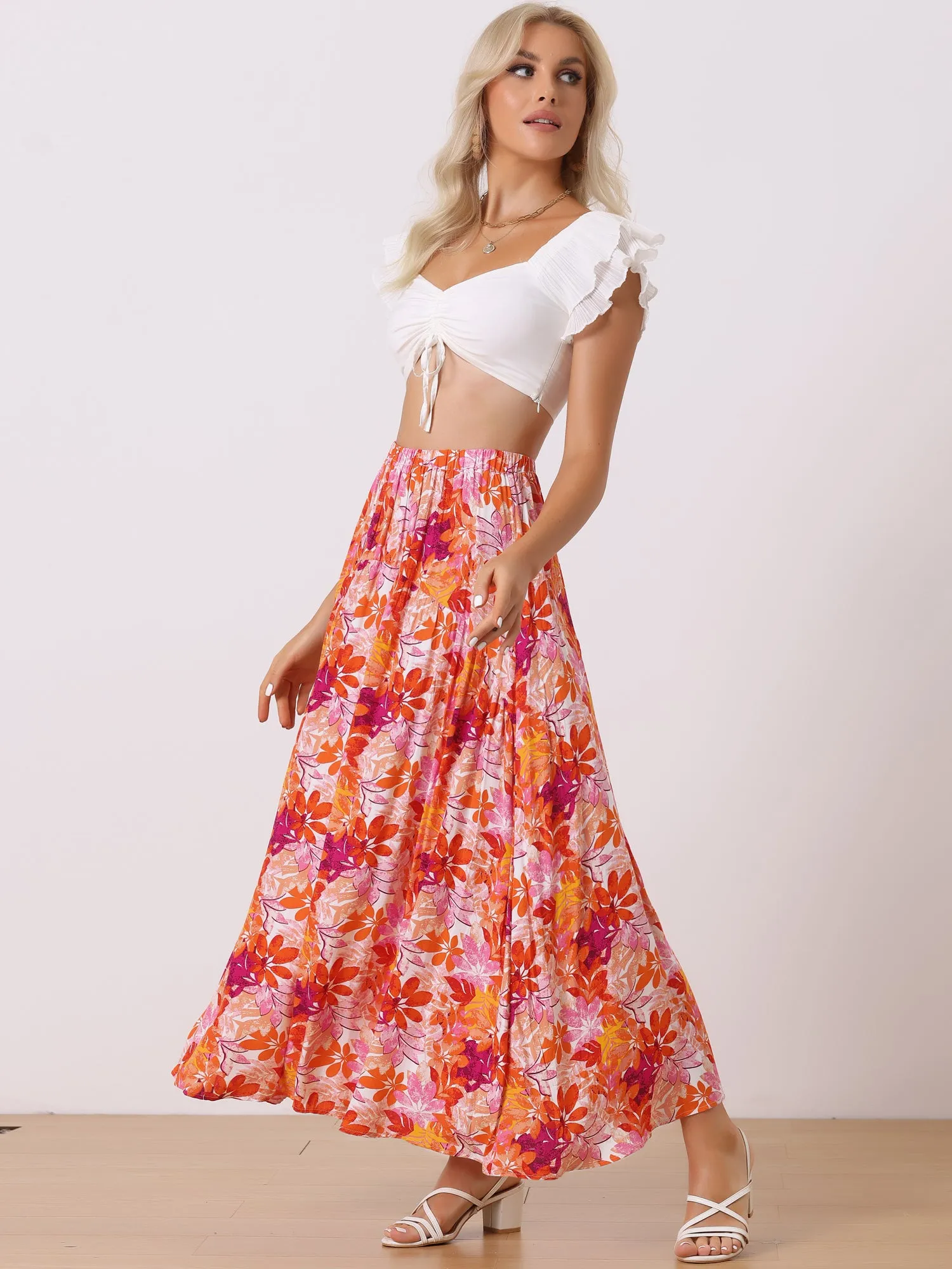 Floral Elastic High Waist Bohemian Beach Maxi Skirt sold by Allegra K