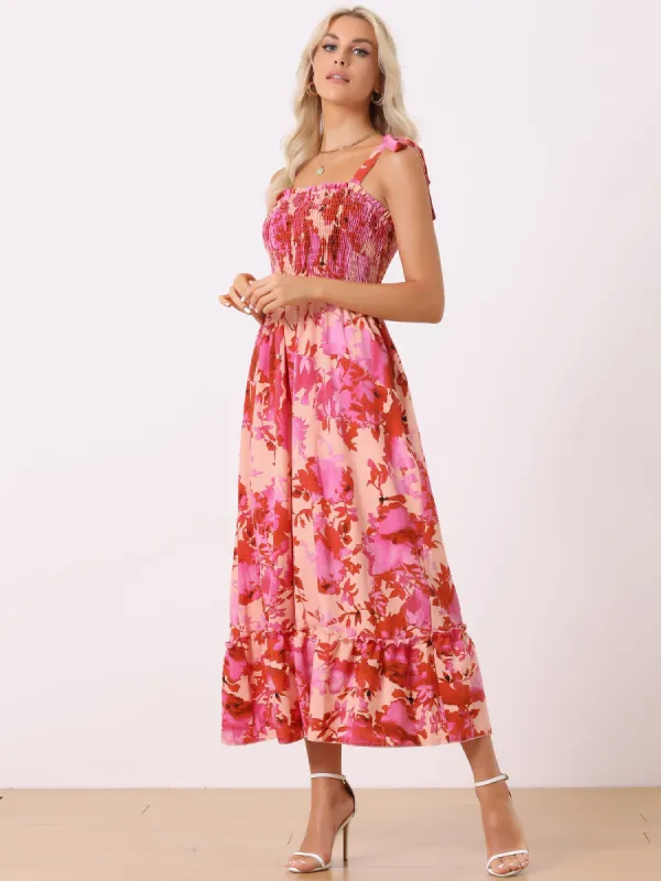 Tie Straps Sleeveless Smocked Square Neck Floral Maxi Dress Sundress sold by Allegra K