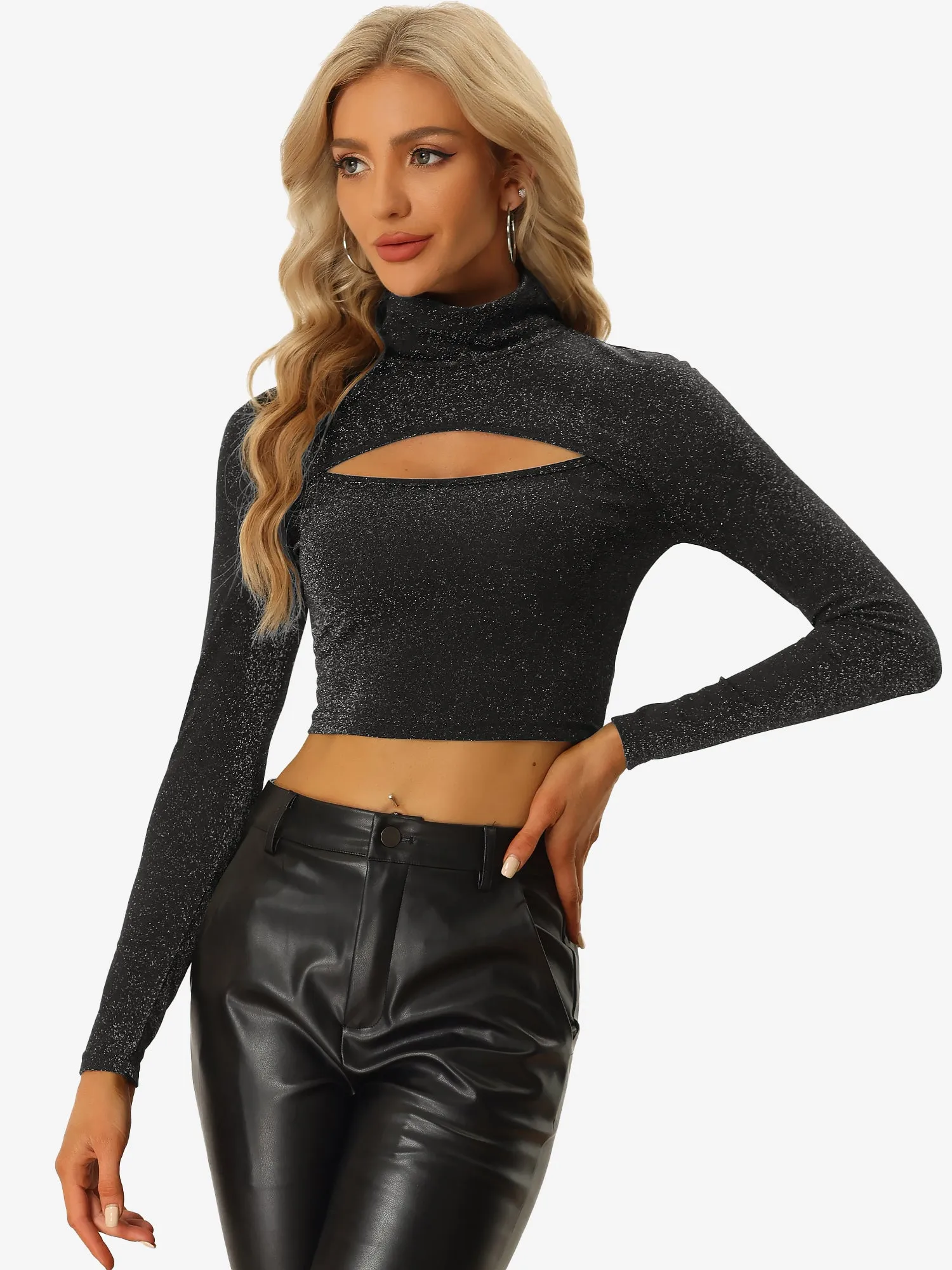 Party Tee Long Sleeve Slim Fit Mock Neck Cutout Crop Tops sold by Allegra K
