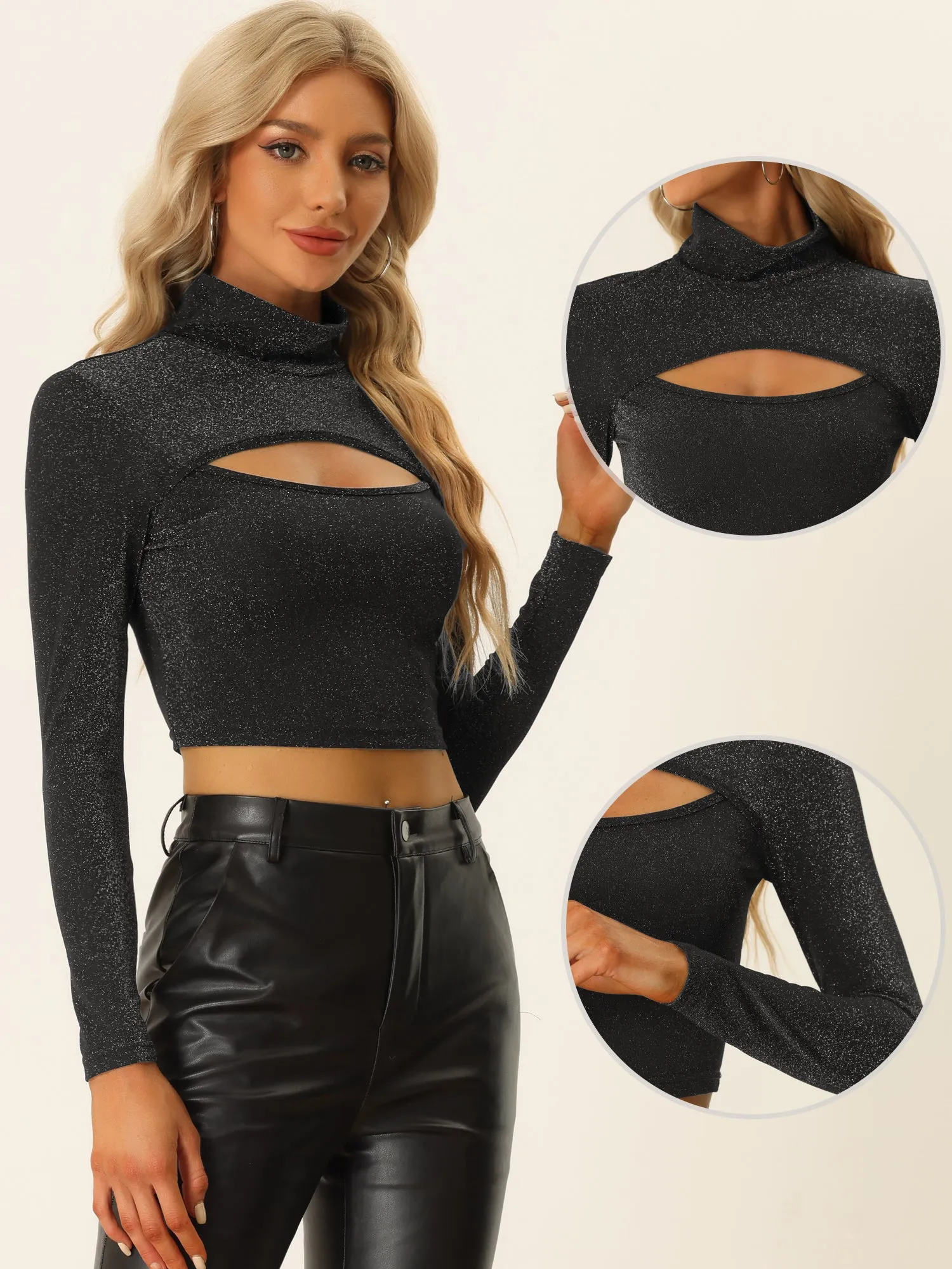 Party Tee Long Sleeve Slim Fit Mock Neck Cutout Crop Tops sold by Allegra K product image thumbnail 2