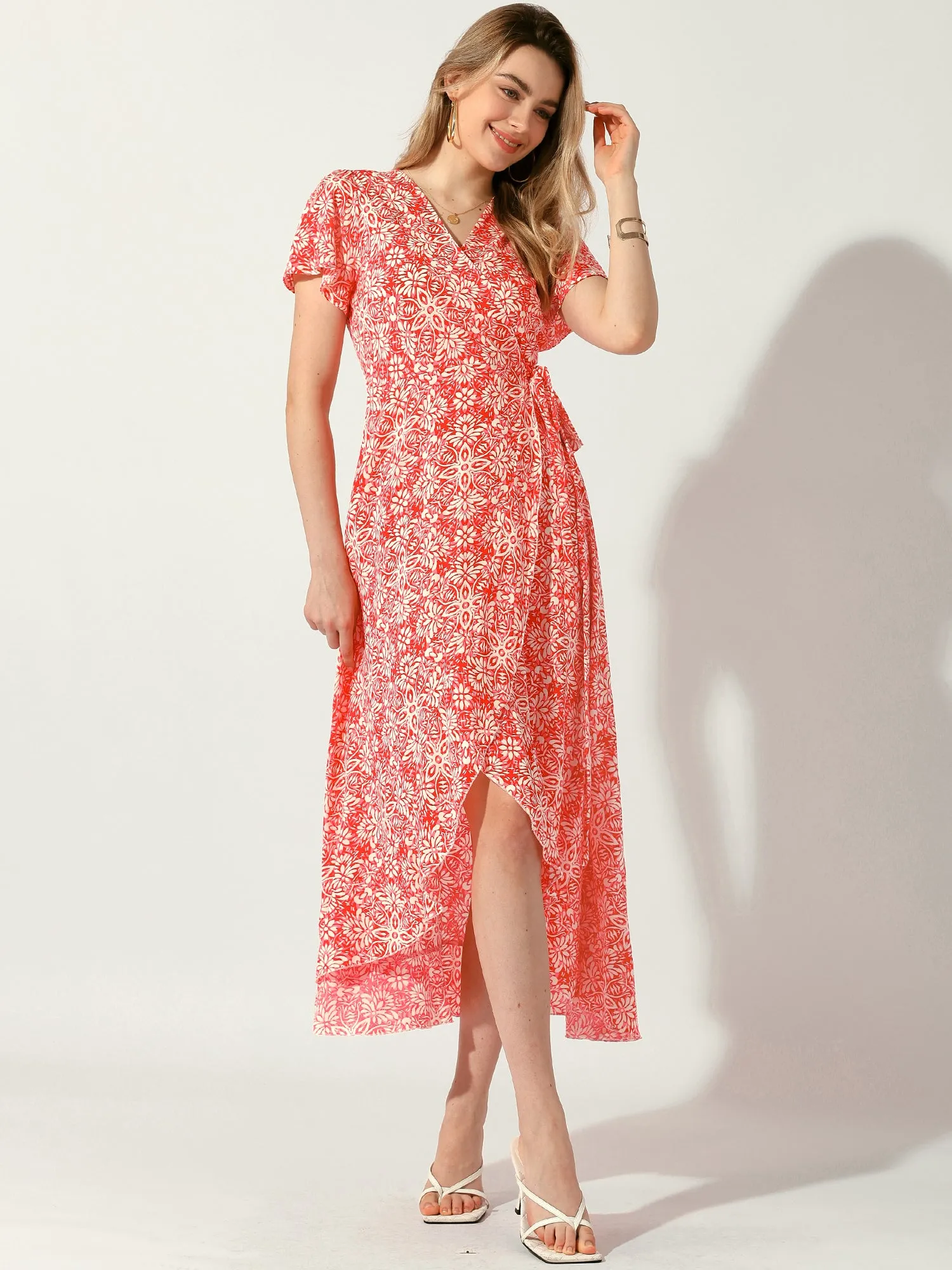 Boho Floral Flutter Sleeve Summer Beach Wrap Midi Dress sold by Allegra K
