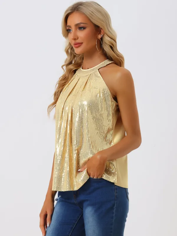 Cocktail Sparkle Sleeveless Vest Tank Camisole Sequin Halter Top sold by Allegra K