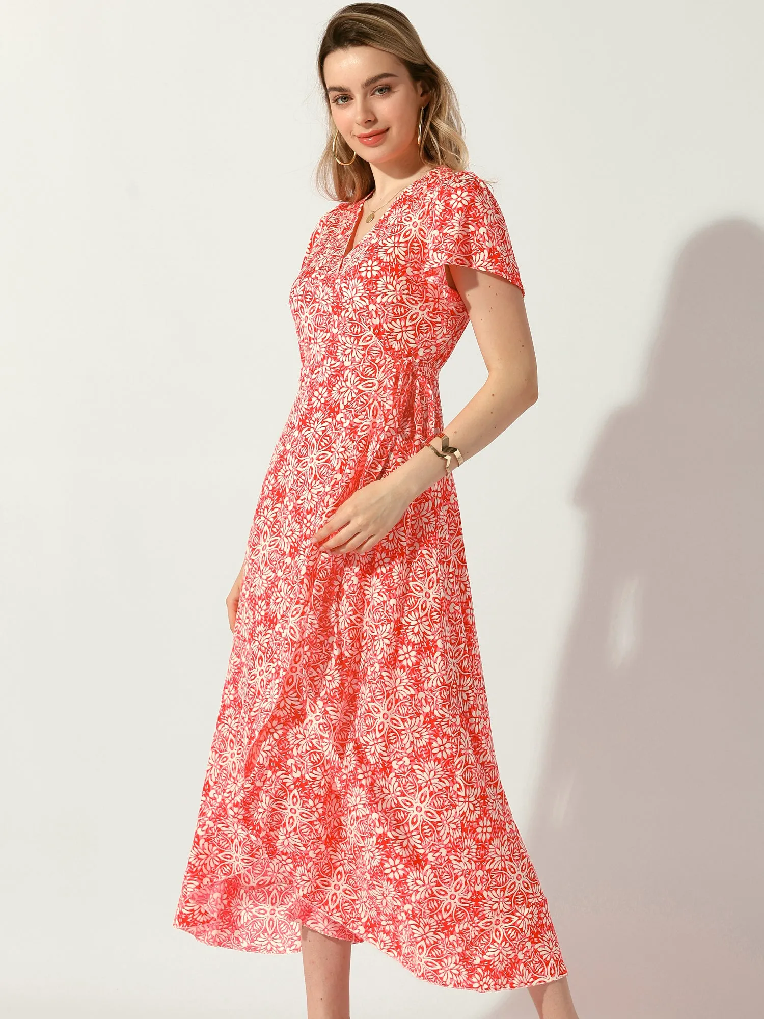 Boho Floral Flutter Sleeve Summer Beach Wrap Midi Dress sold by Allegra K product image thumbnail 2