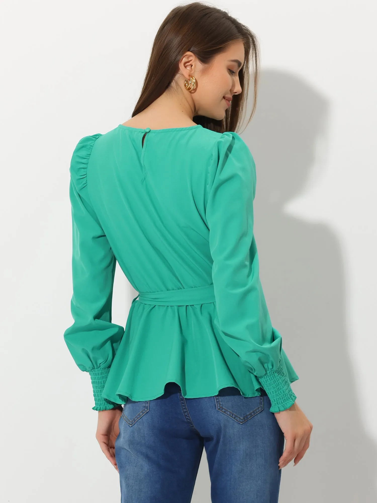 Casual Work Puff Sleeve Round Neck Tie Waist Peplum Blouse sold by Allegra K product image thumbnail 3