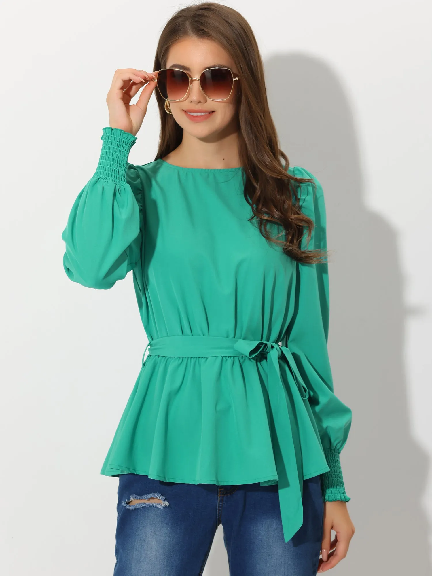Casual Work Puff Sleeve Round Neck Tie Waist Peplum Blouse sold by Allegra K