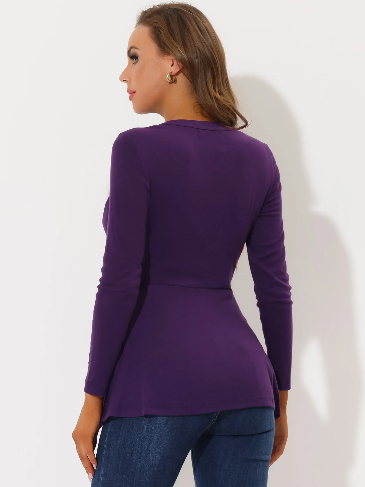 V Neck Elegant Solid Long Sleeve Stretchy Blouse Button Peplum Tops sold by Allegra K product image thumbnail 3