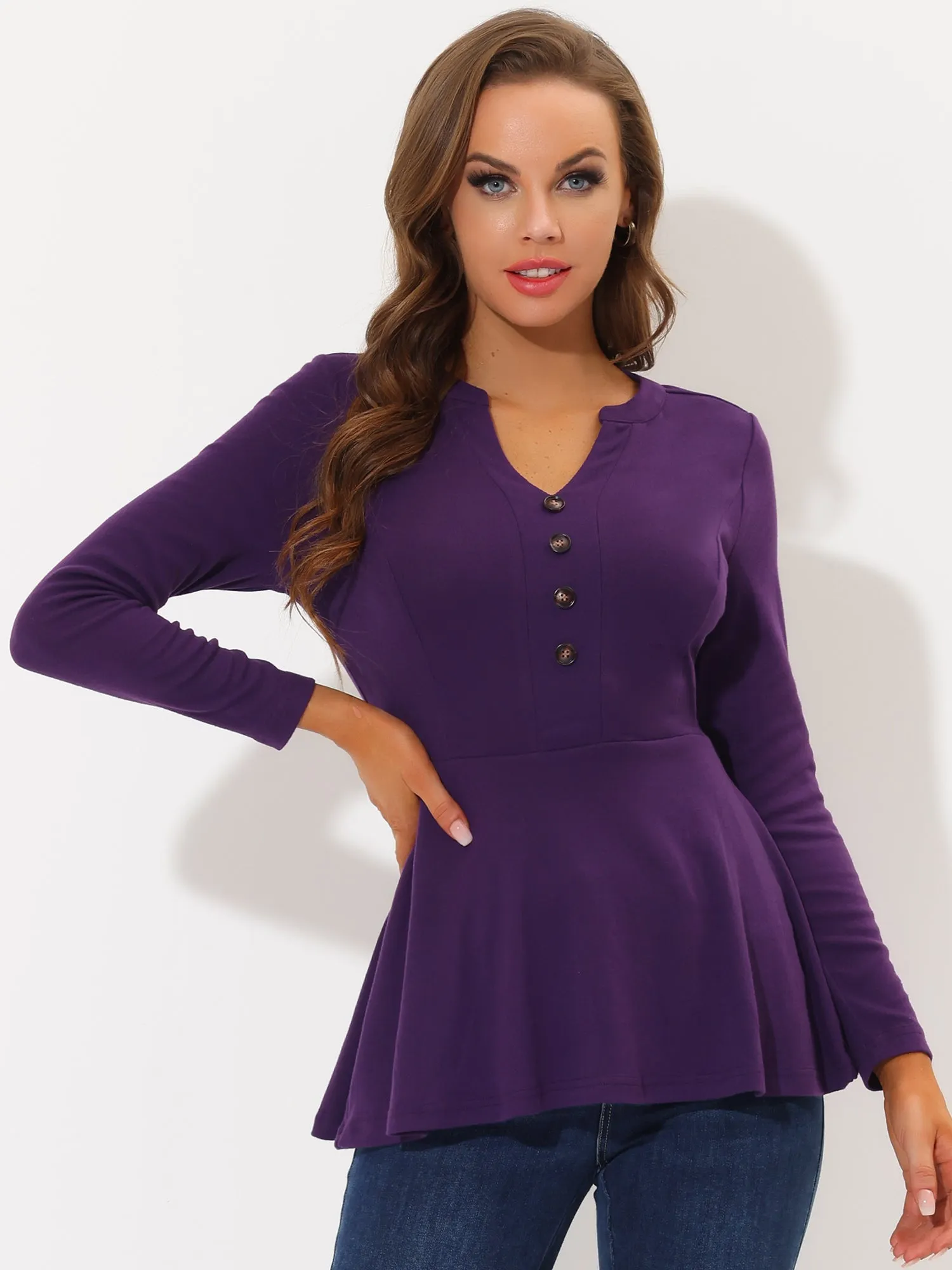 V Neck Elegant Solid Long Sleeve Stretchy Blouse Button Peplum Tops sold by Allegra K